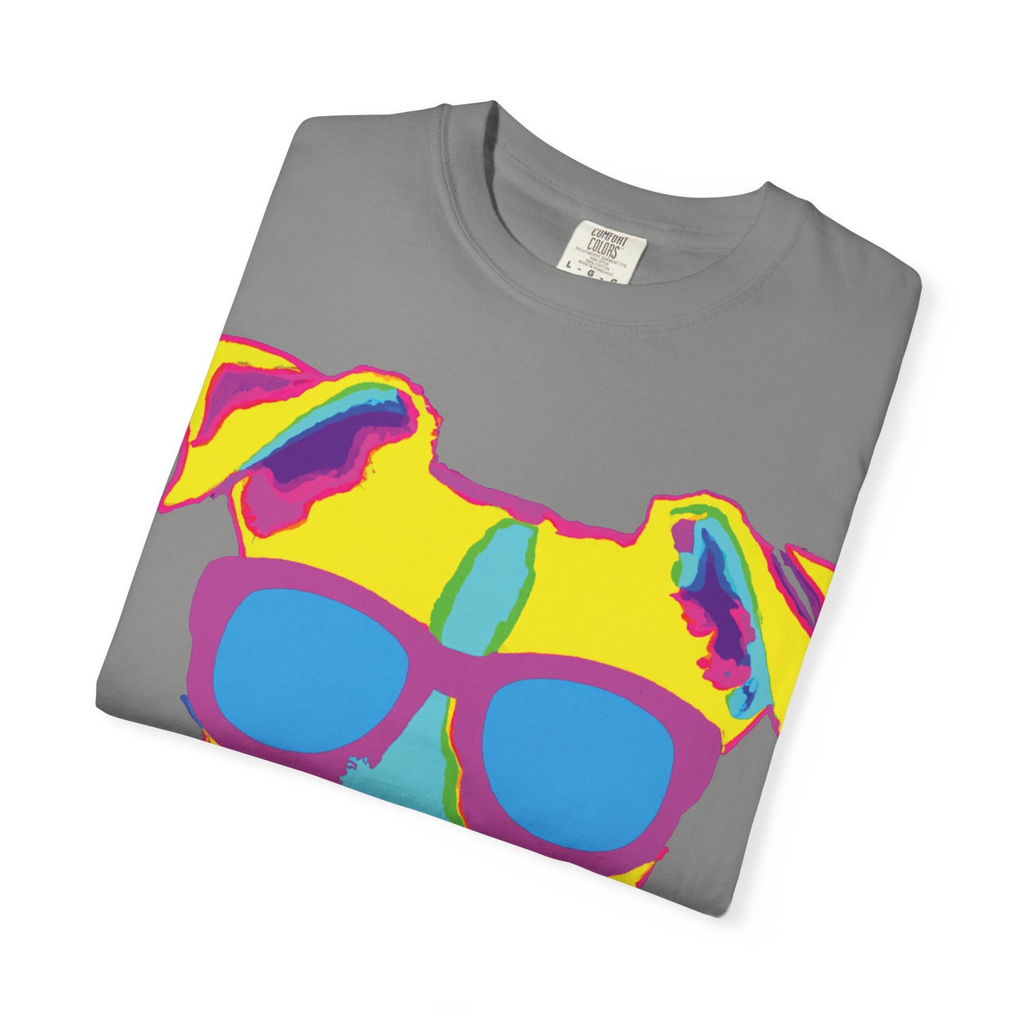 Dog Sunglasses Tee — Colorful Pop Art Dog T-Shirt (PLURout.com Back)