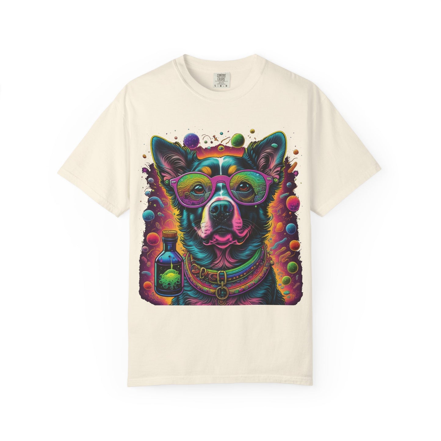 Psychedelic Dog Graphic T-Shirt — Vibrant Neon Pup Art Tee
