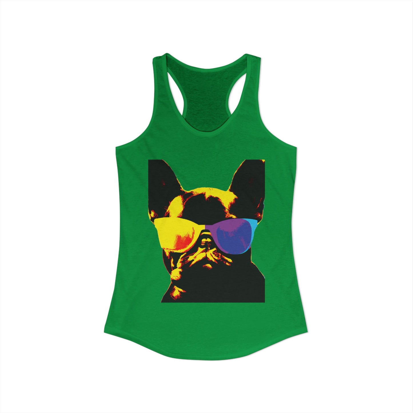 Gold Frenchie Graphic Racerback Tank — "Cool Glasses" French Bulldog Design