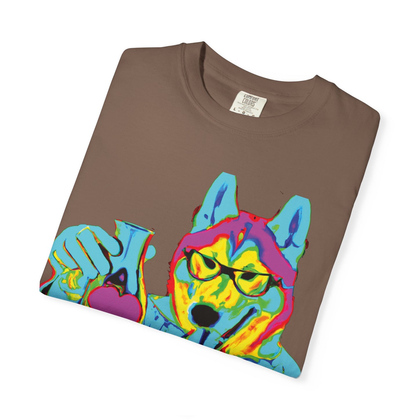 Psychedelic Husky Graphic T-Shirt — Colorful Scientist Dog Design