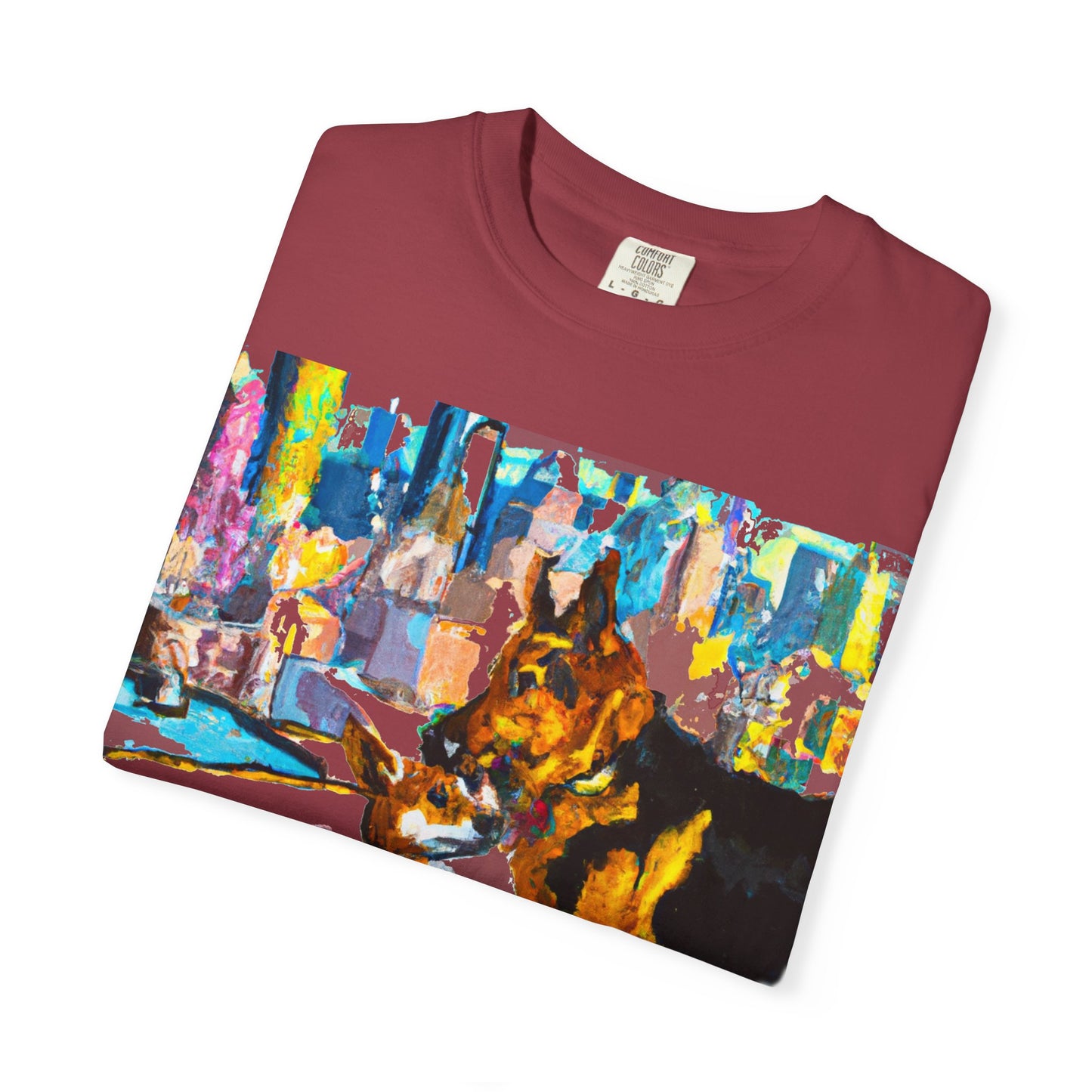Dog Art T-Shirt — Colorful Urban Canine Print (Back Logo "PLUKOUT.com")
