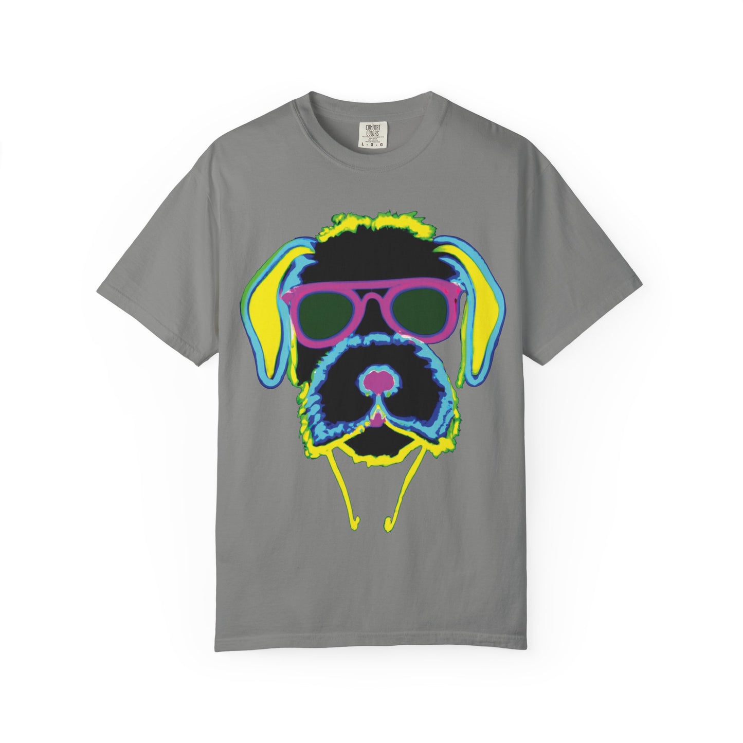 Neon Cool Dog Graphic T-Shirt — Sunglasses Pup Tee with PlurOut Backprint