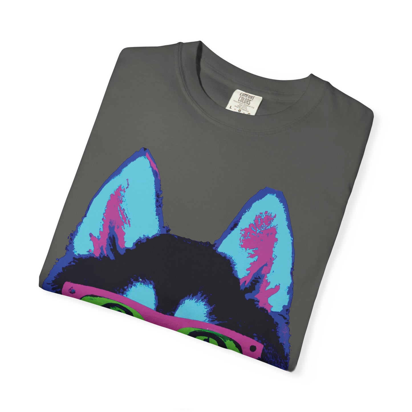 Pop Art Husky T-Shirt — Colorful Dog Face with Sunglasses, Back 'PLURout.com' Graphic
