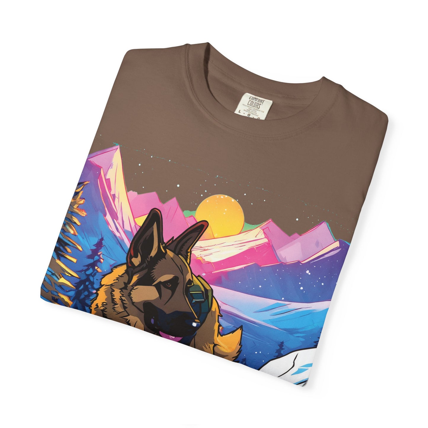 German Shepherd Mountain Sunset T-Shirt — Scenic Dog Graphic Tee