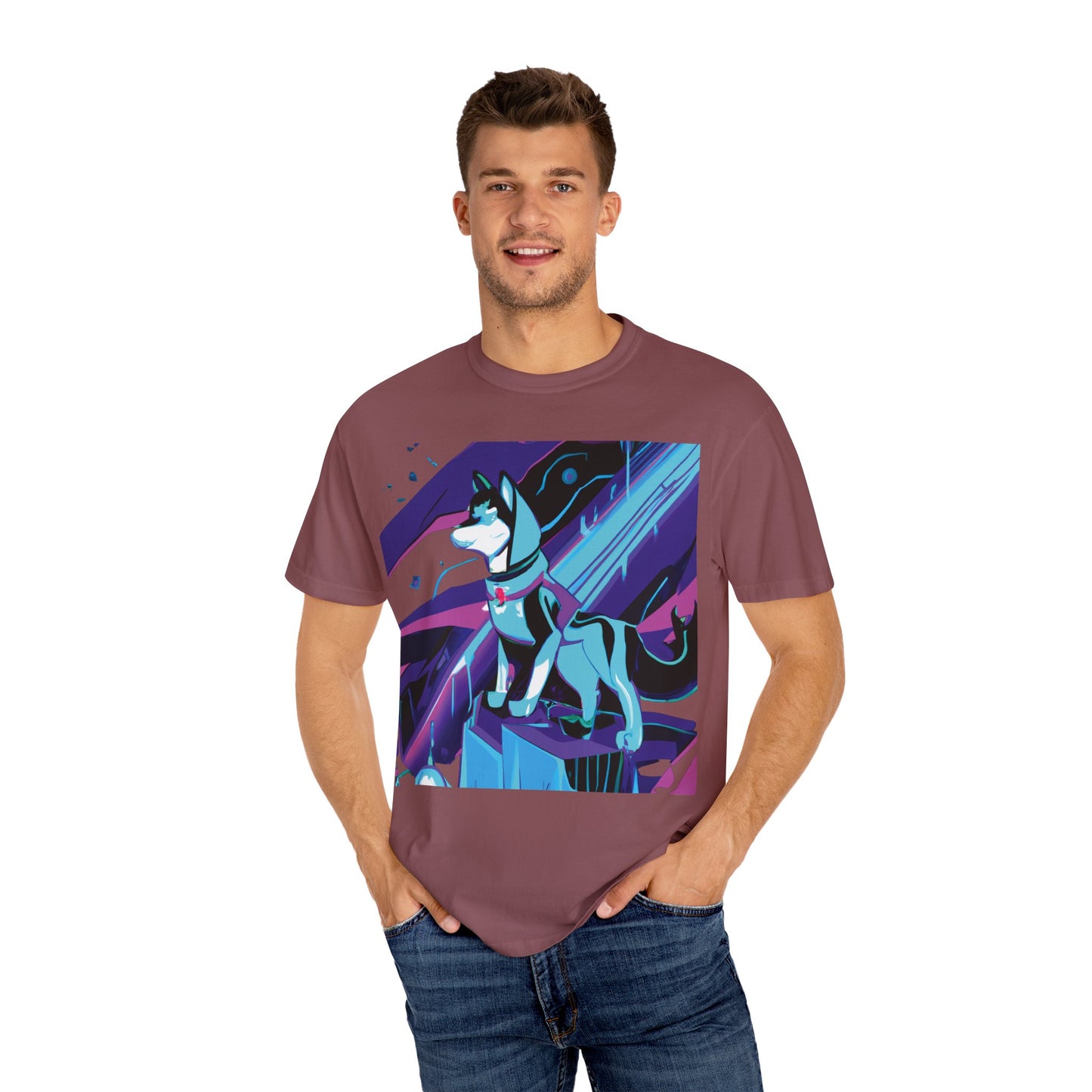 Arctic Husky Graphic T‑Shirt — Neon Cyber Wolf Design