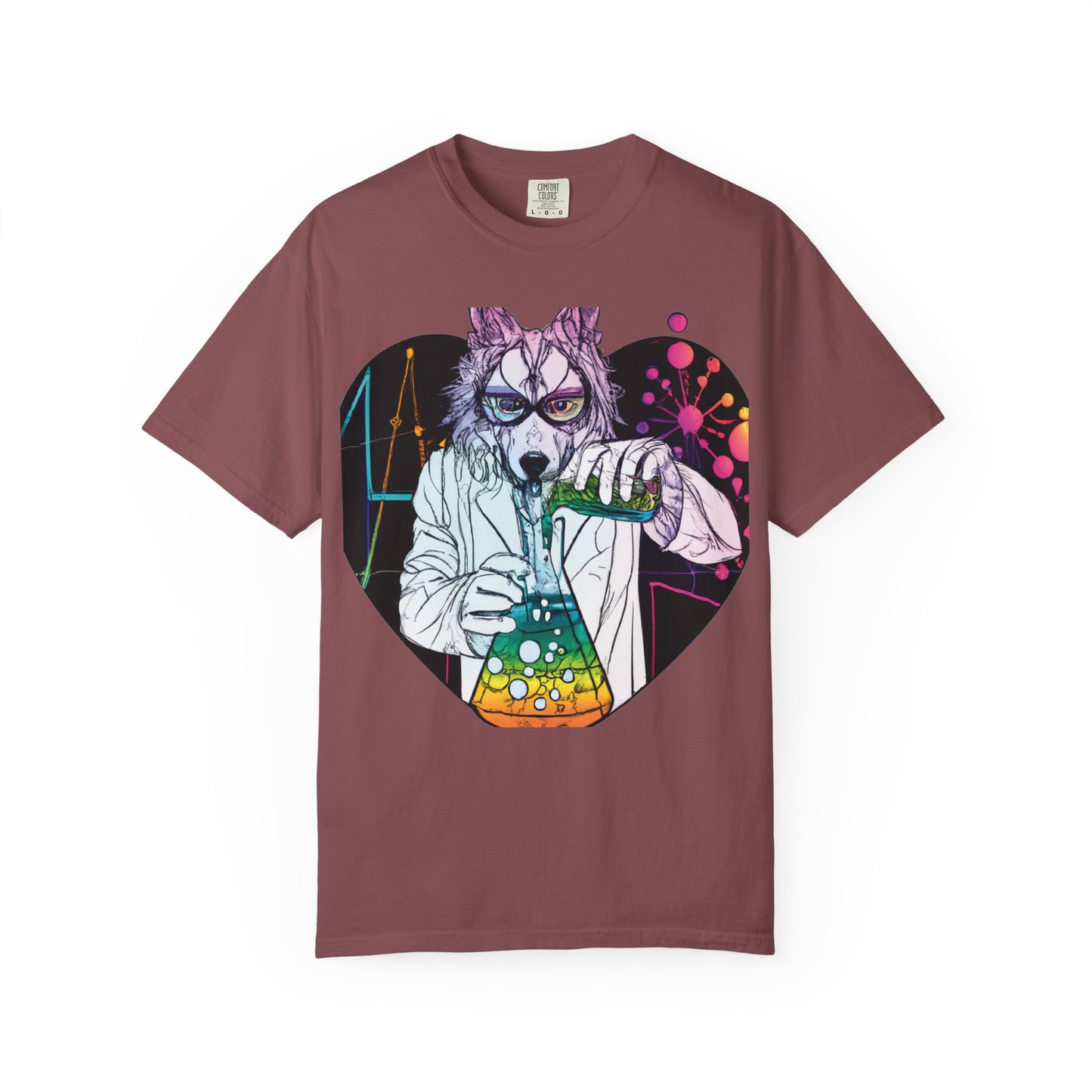 Science Wolf Heart T-Shirt — Colorful Mad Scientist Wolf Graphic Tee