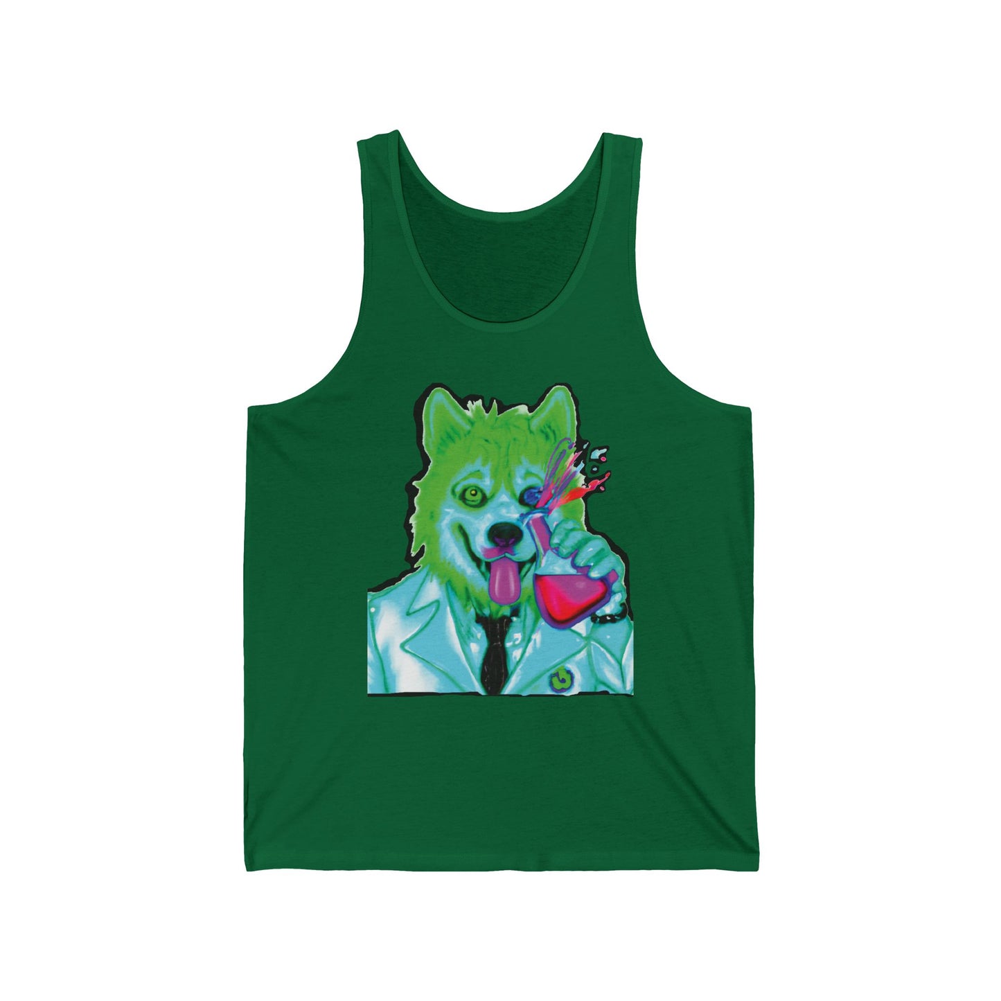 Neon Canine Scientist Tank Top — Vibrant Dog in Lab Coat Graphic Tank