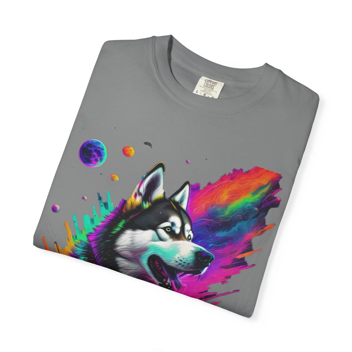 Husky Nebula T-Shirt — Colorful Cosmic Dog Art Tee