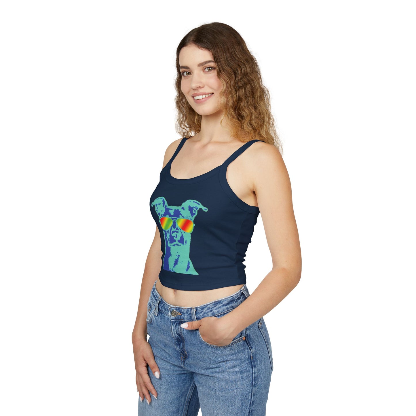 Dog Sunglasses Crop Tank Top — Colorful Summer Pup Graphic
