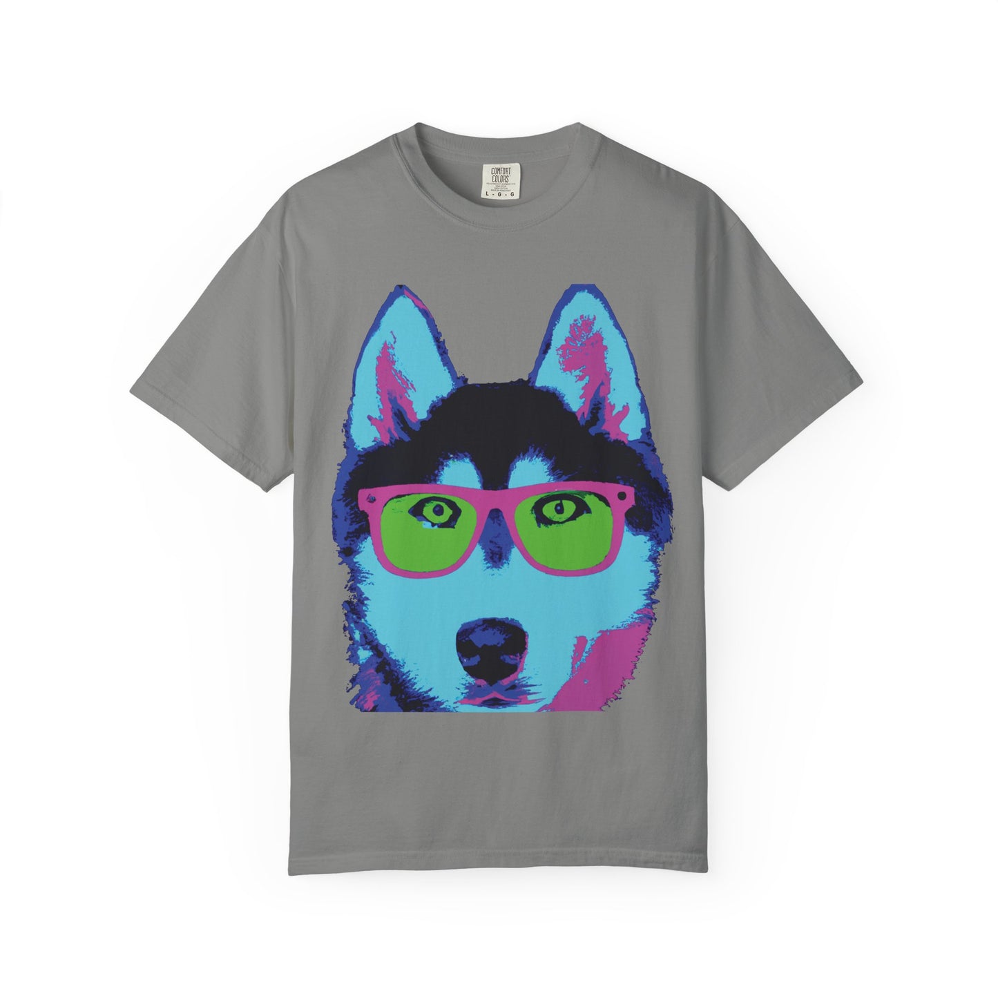 Pop Art Husky T-Shirt — Colorful Dog Face with Sunglasses, Back 'PLURout.com' Graphic