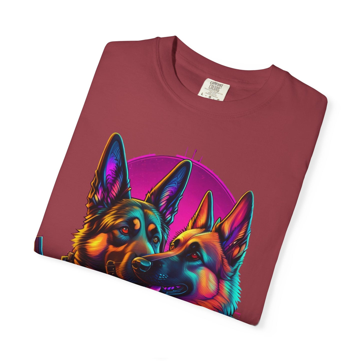 German Shepherd Duo T‑Shirt — Neon Retro K9 Art