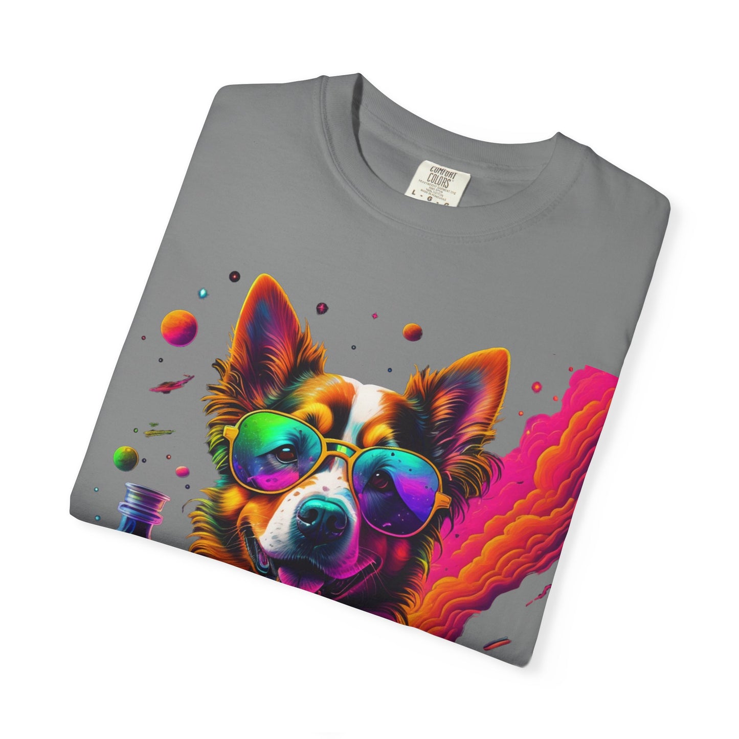 Psychedelic Dog Graphic Tee — Colorful Sunglasses Pup Print