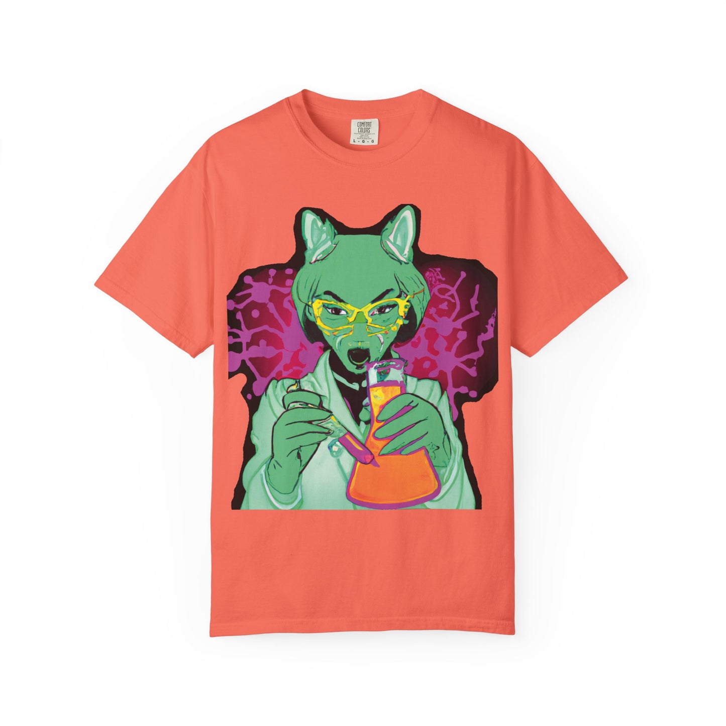 Psychedelic Fox Chemist T-Shirt — Green Fox with Beaker Graphic