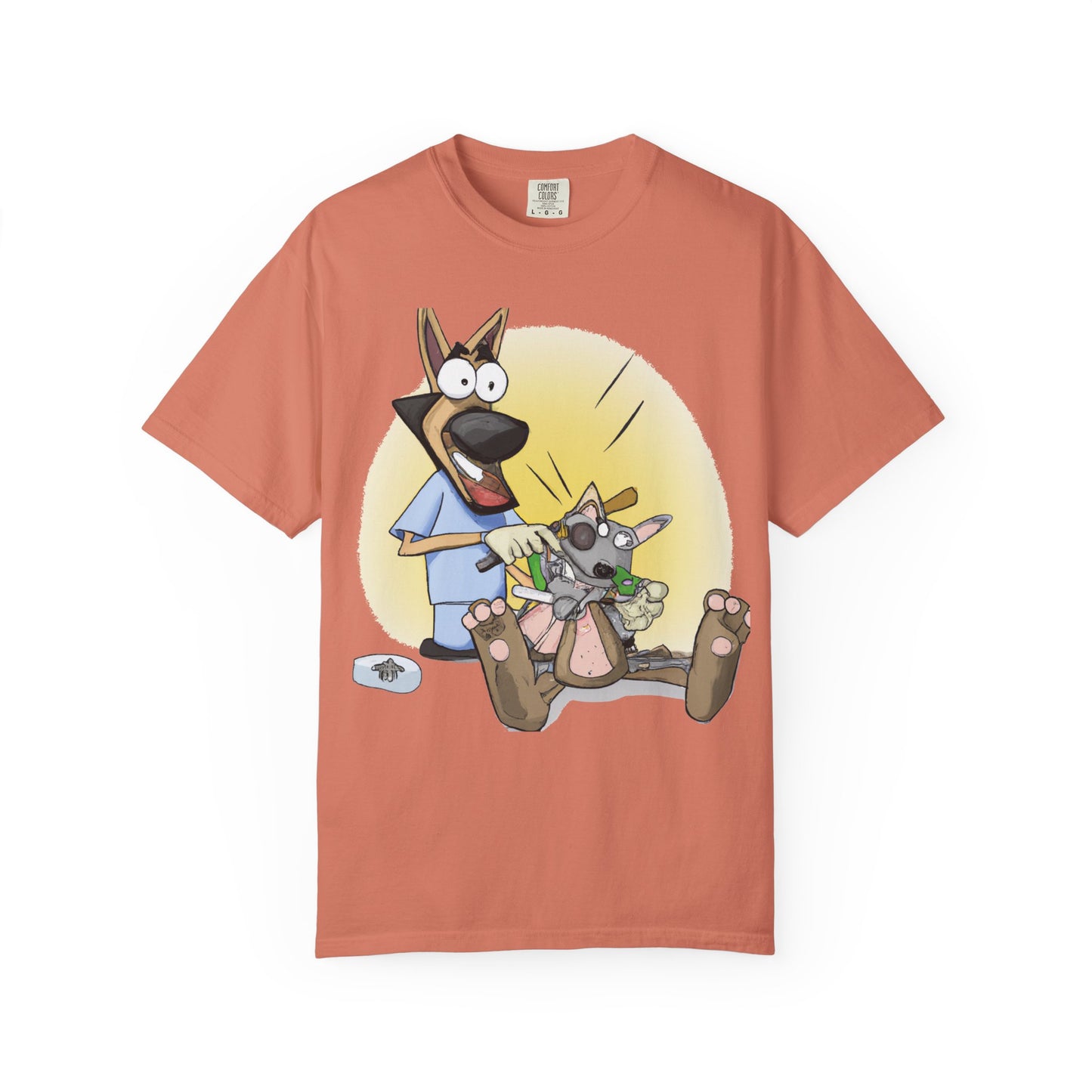 Funny Vet Dog T-Shirt — Cartoon Dog Grooming with 'PLuROUT.com' Back Print