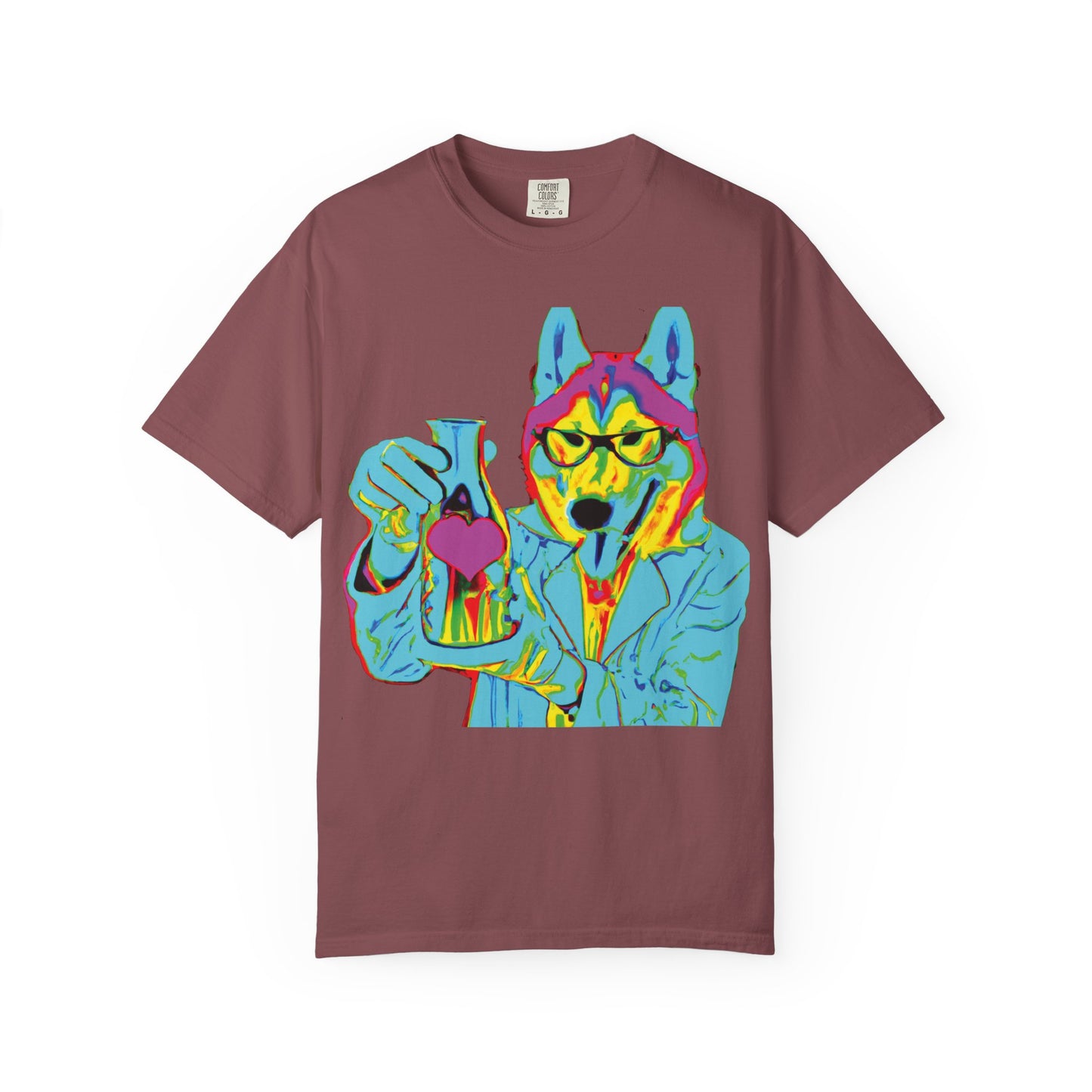 Psychedelic Husky Graphic T-Shirt — Colorful Scientist Dog Design