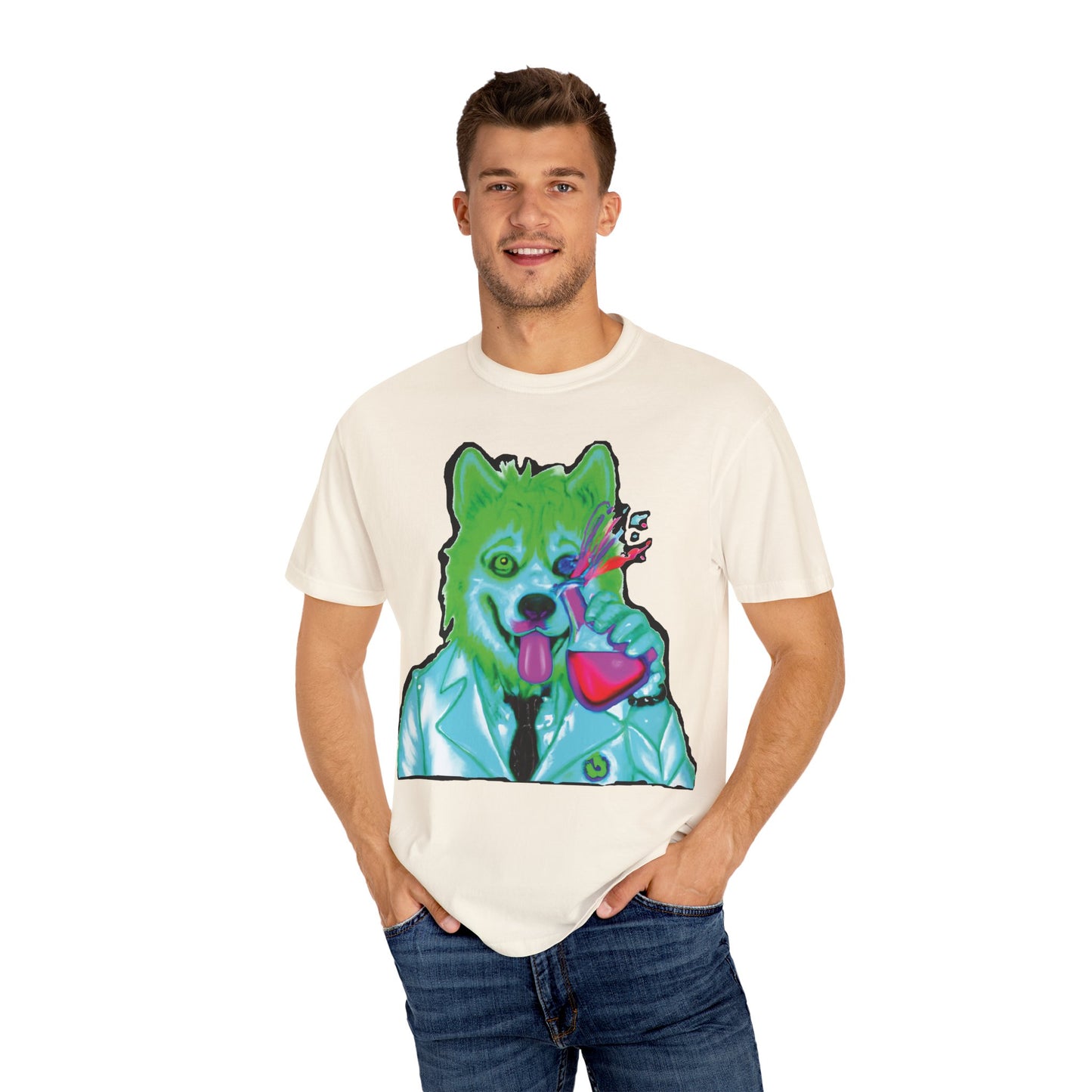 Chemist Wolf Graphic T-Shirt — Green Cartoon Animal Lab Art