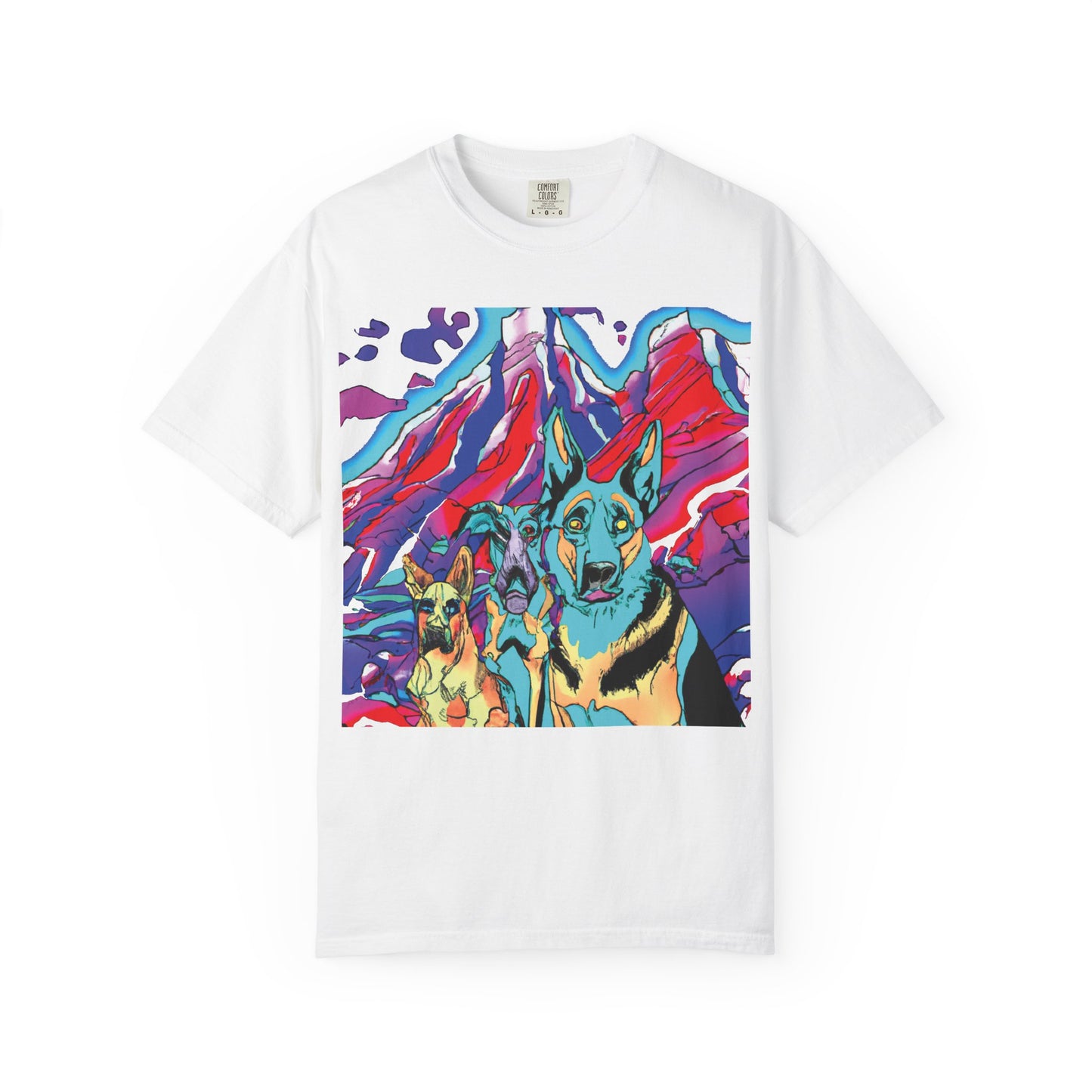 Psychedelic Mountain German Shepherd T-Shirt — Colorful Graphic Tee with Bold Back Script