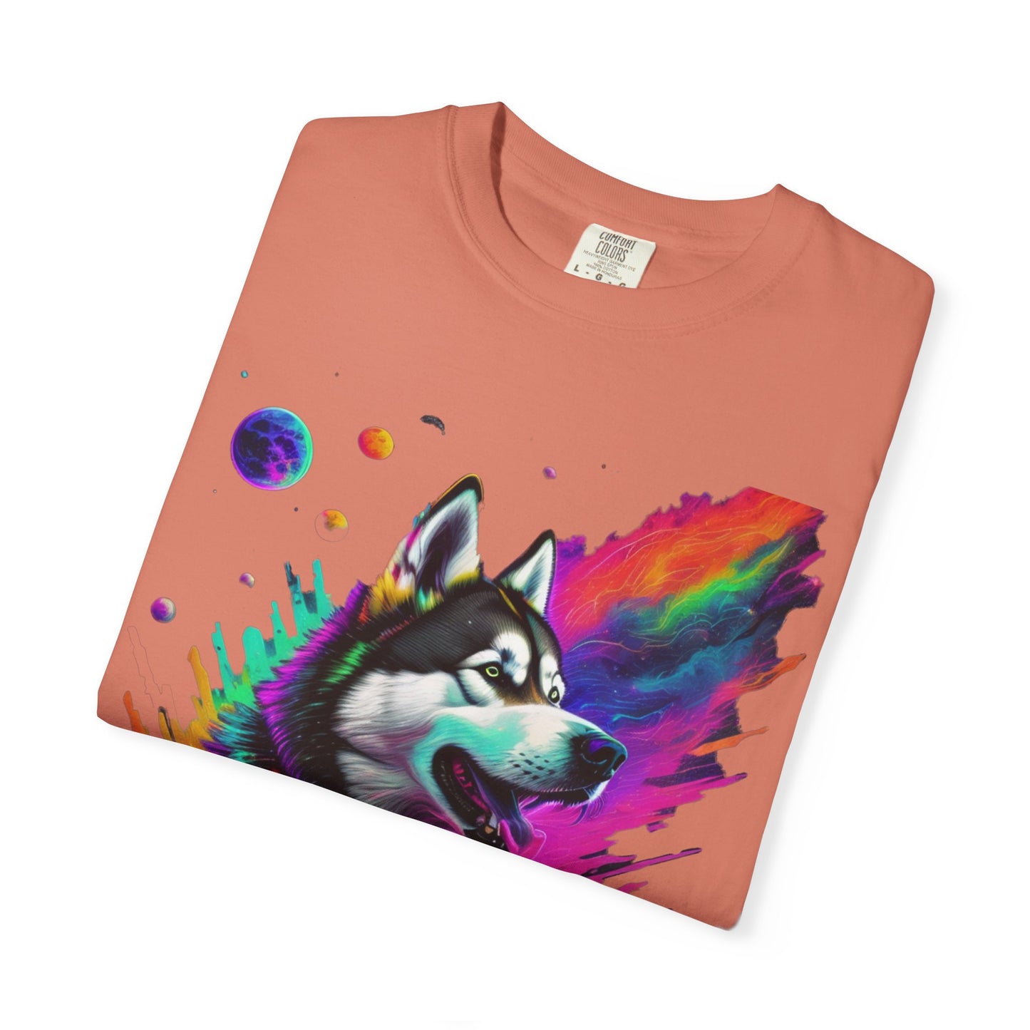 Husky Nebula T-Shirt — Colorful Cosmic Dog Art Tee