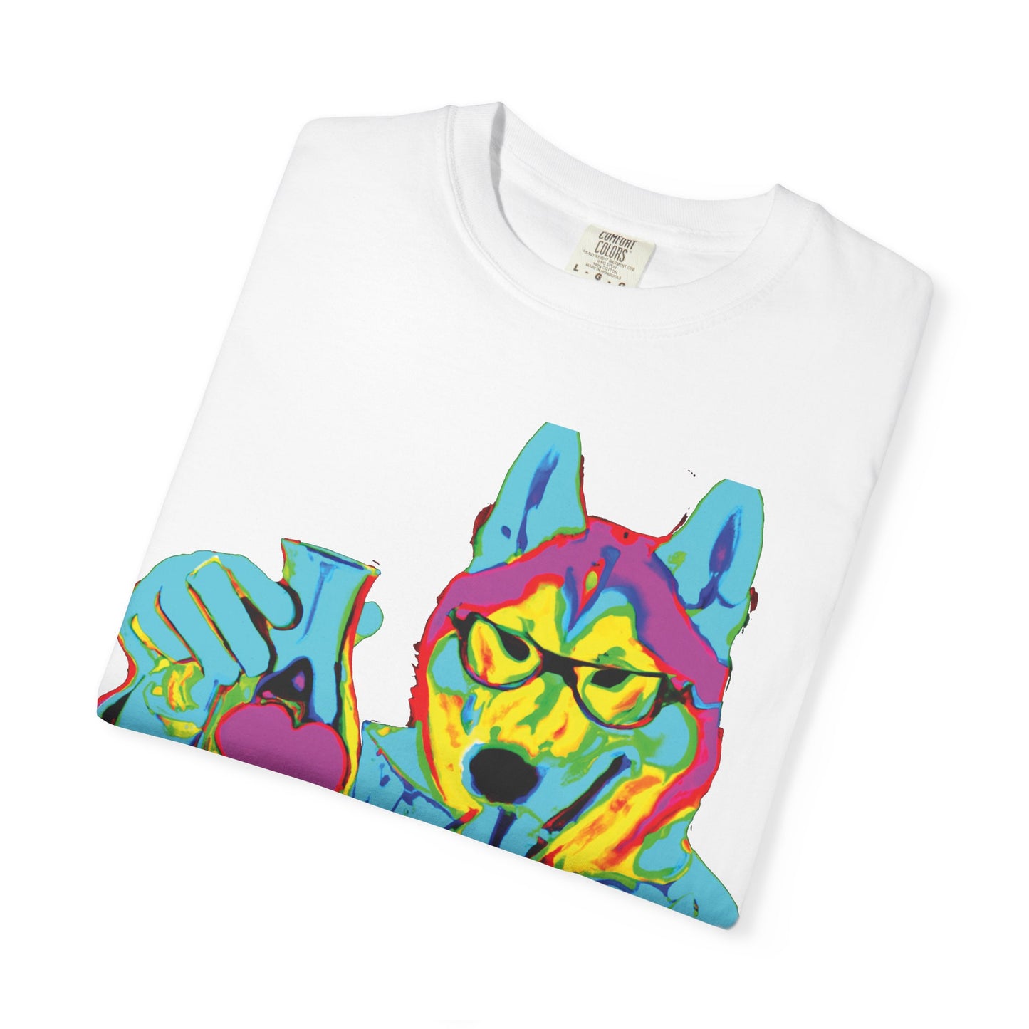 Psychedelic Husky Graphic T-Shirt — Colorful Scientist Dog Design