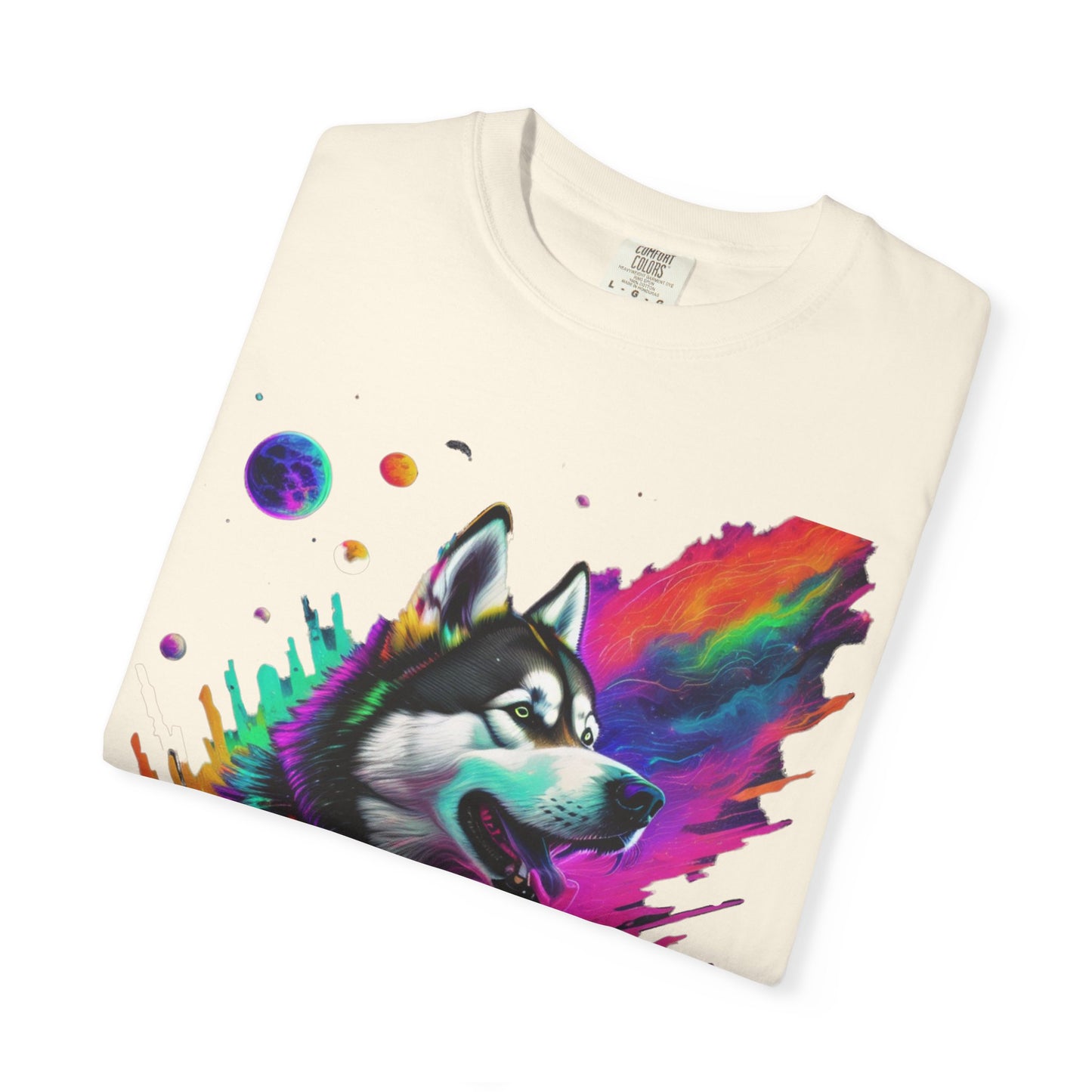 Husky Nebula T-Shirt — Colorful Cosmic Dog Art Tee