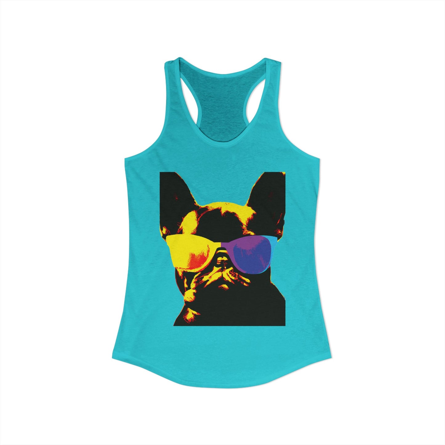 Gold Frenchie Graphic Racerback Tank — "Cool Glasses" French Bulldog Design