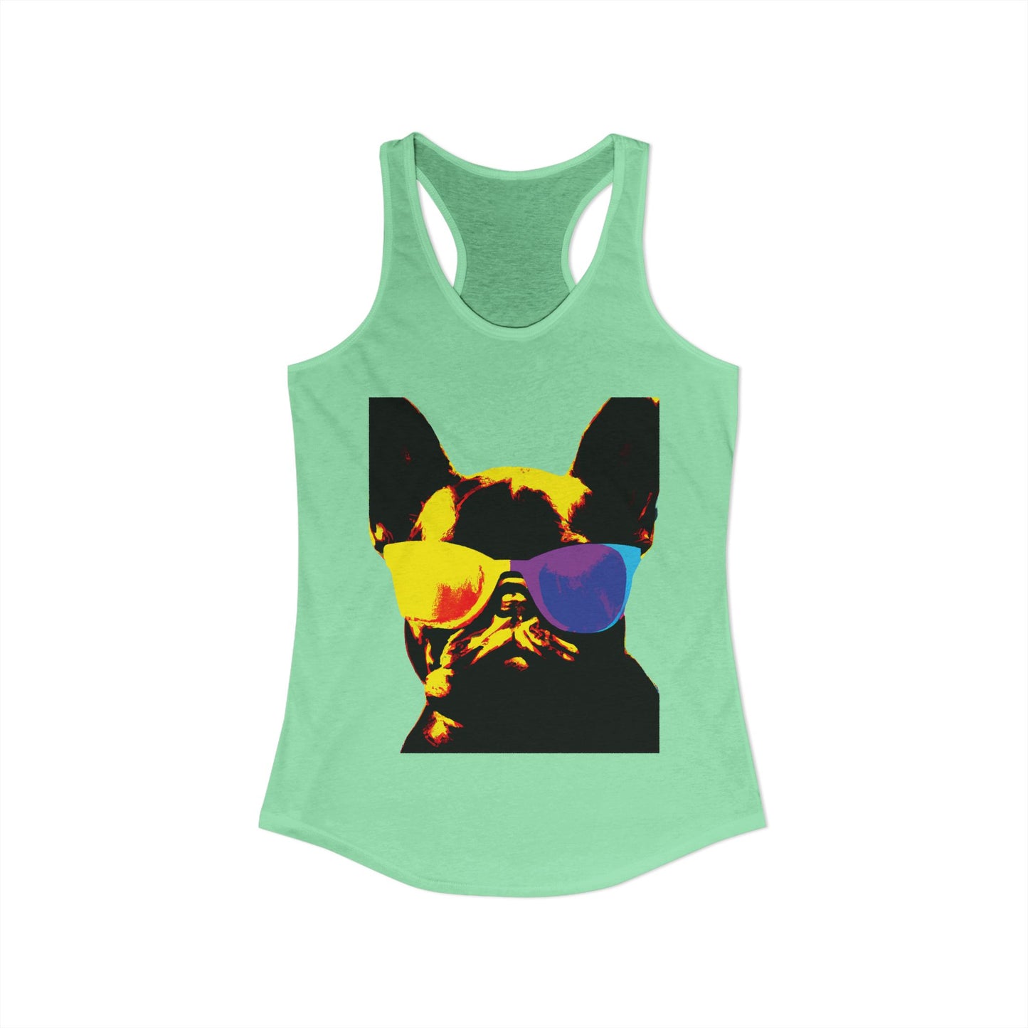 Gold Frenchie Graphic Racerback Tank — "Cool Glasses" French Bulldog Design