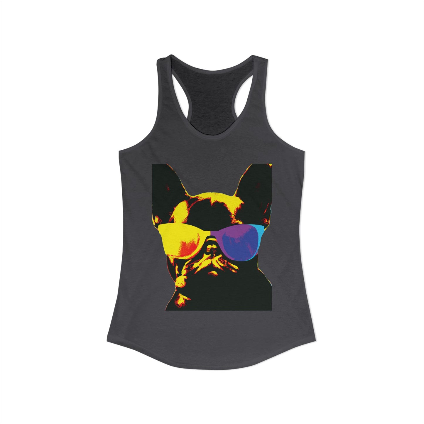 Gold Frenchie Graphic Racerback Tank — "Cool Glasses" French Bulldog Design