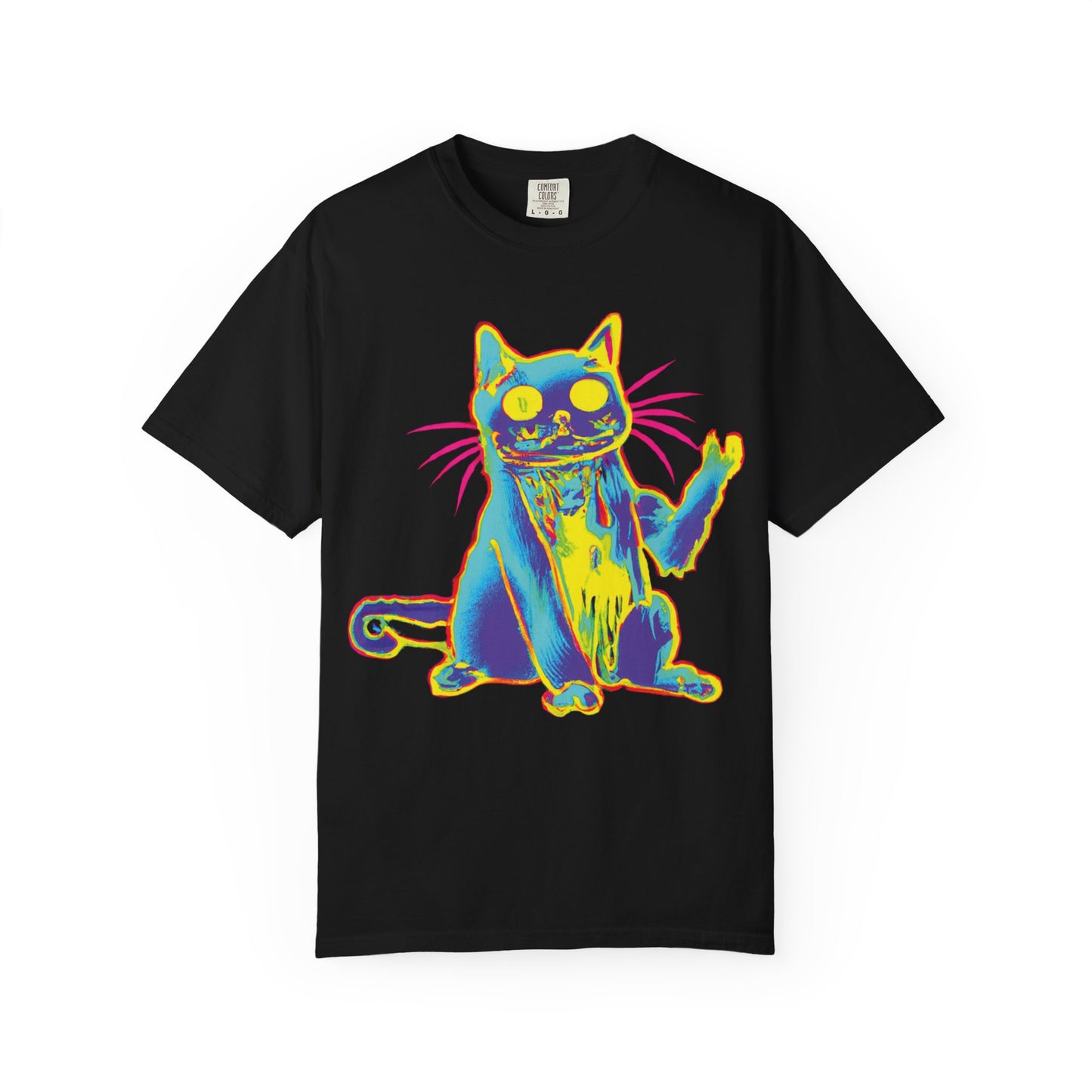 Psychedelic Cat Graphic T-Shirt — Retro Neon Cat Front + 'PLURR0UT.com' Back
