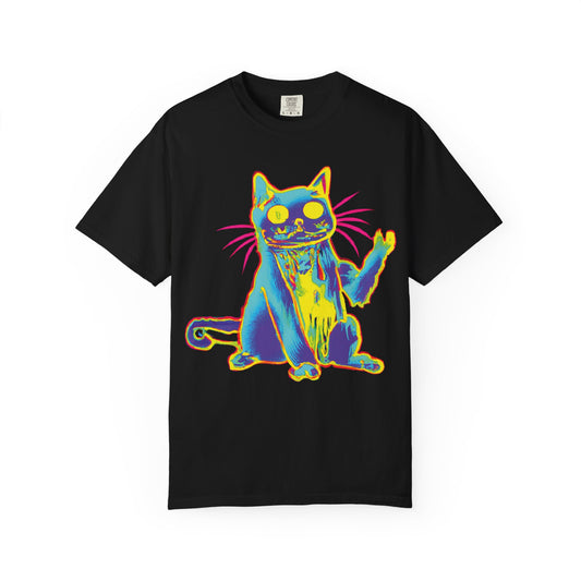 Psychedelic Cat Graphic T-Shirt — Retro Neon Cat Front + 'PLURR0UT.com' Back