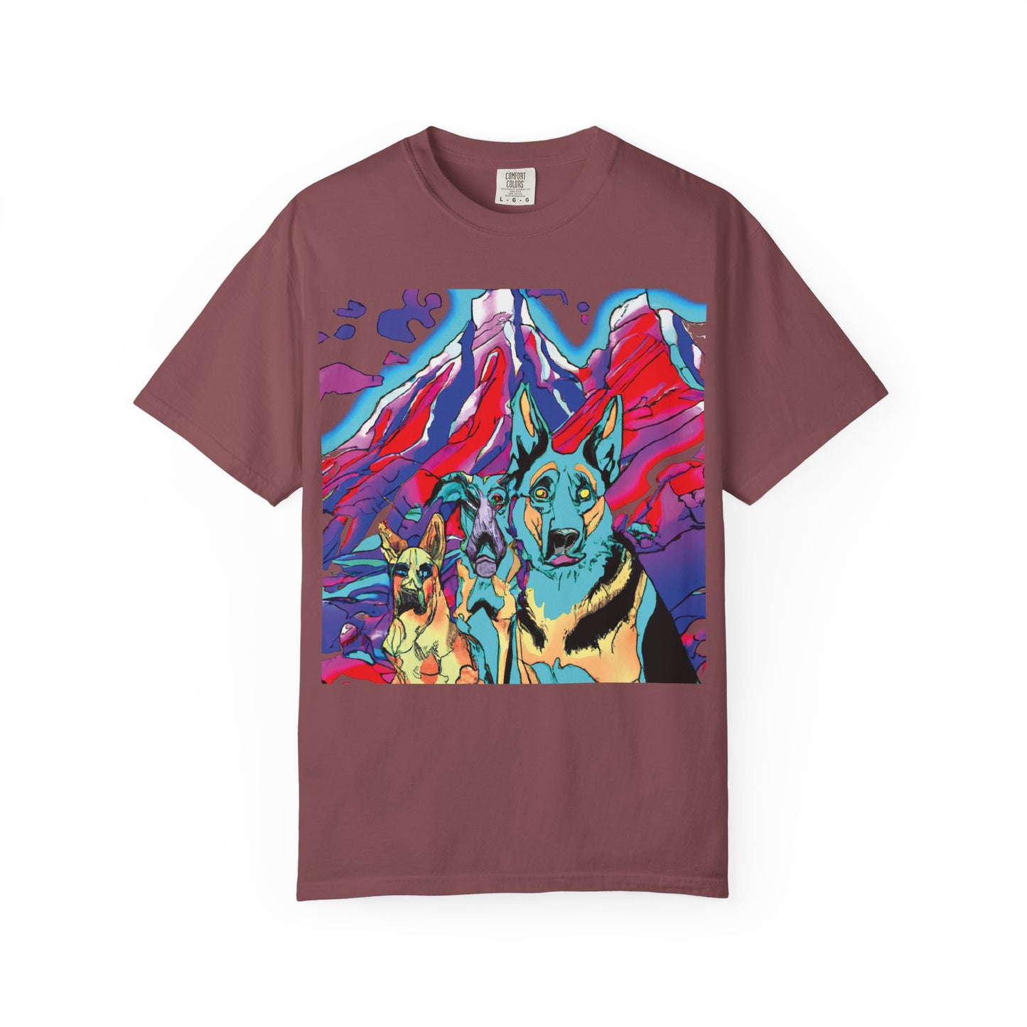 Psychedelic Mountain German Shepherd T-Shirt — Colorful Graphic Tee with Bold Back Script