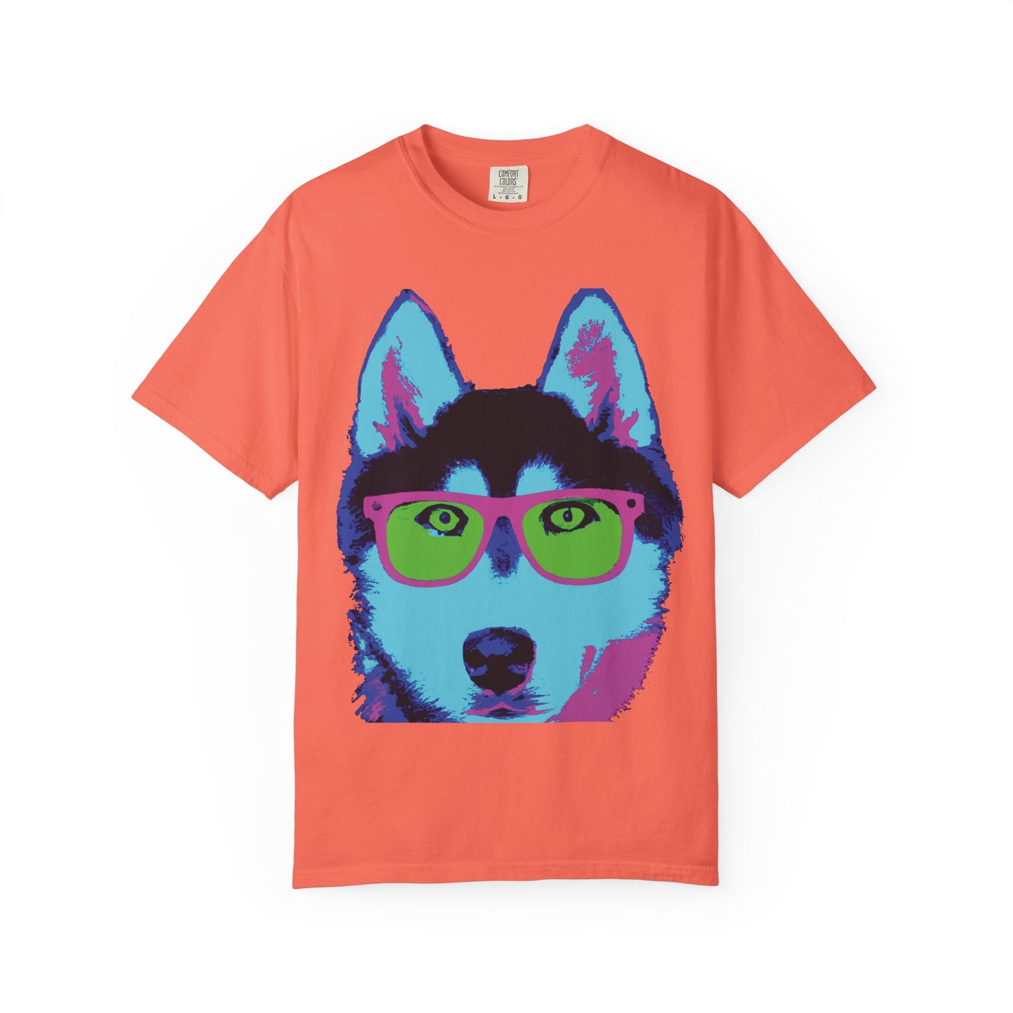 Pop Art Husky T-Shirt — Colorful Dog Face with Sunglasses, Back 'PLURout.com' Graphic