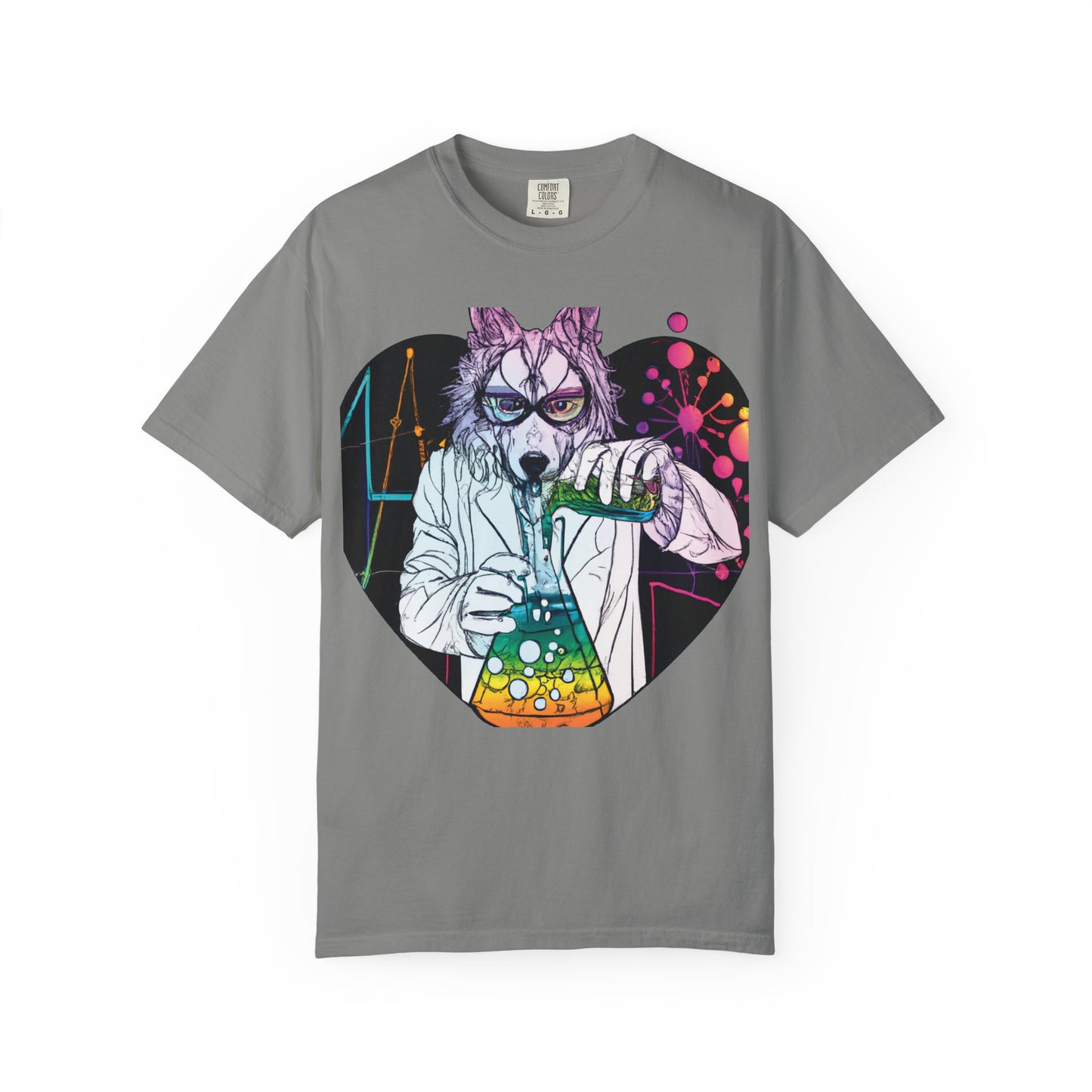 Science Wolf Heart T-Shirt — Colorful Mad Scientist Wolf Graphic Tee