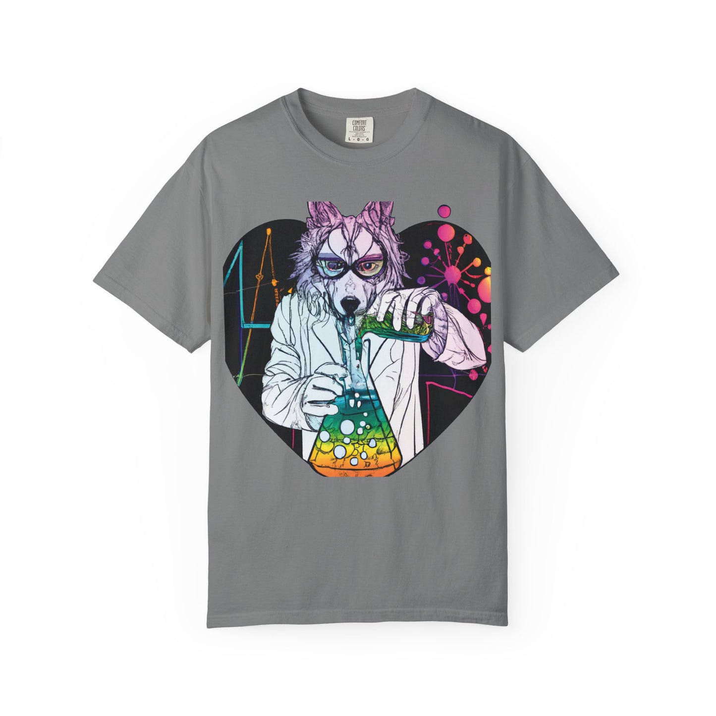 Science Wolf Heart T-Shirt — Colorful Mad Scientist Wolf Graphic Tee