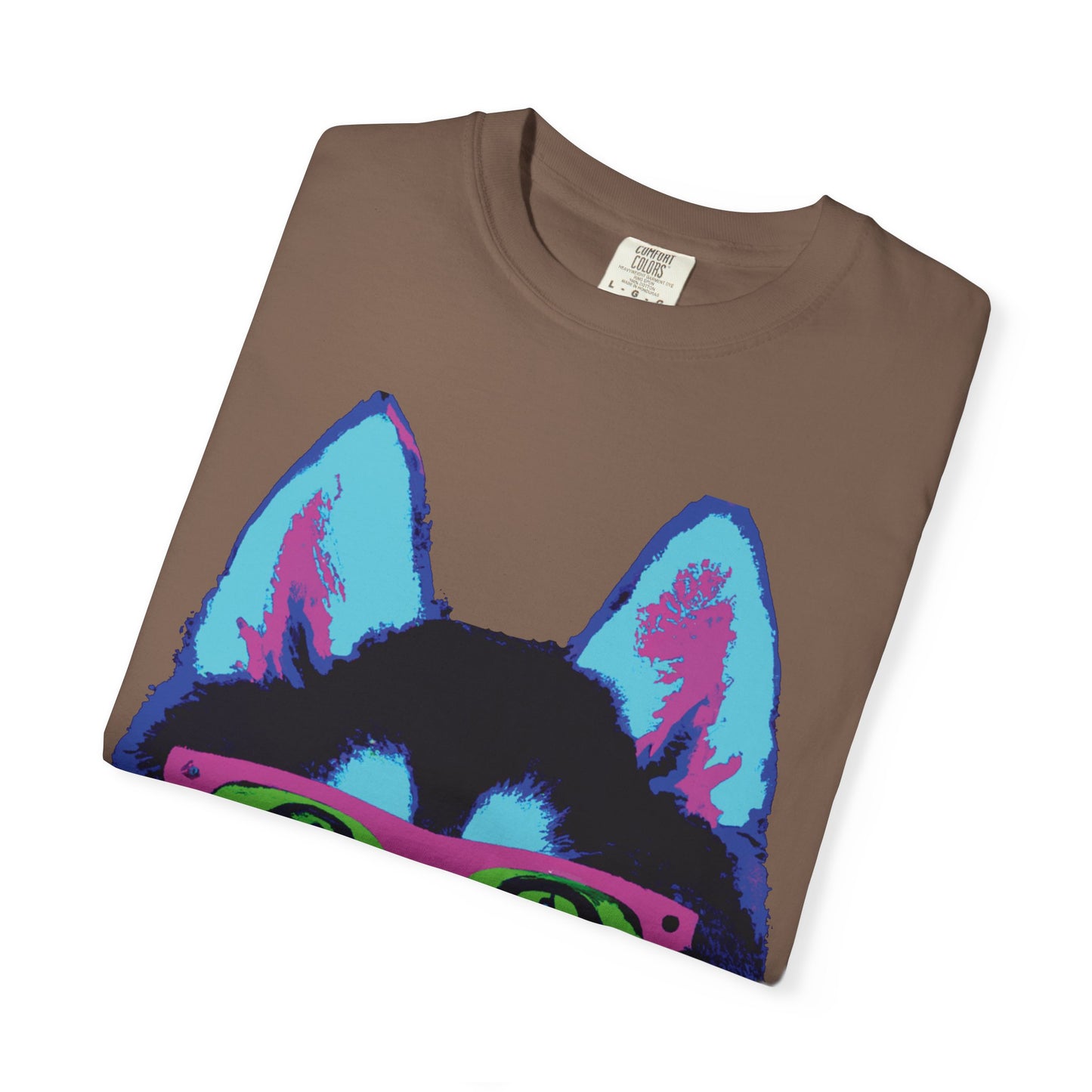 Pop Art Husky T-Shirt — Colorful Dog Face with Sunglasses, Back 'PLURout.com' Graphic