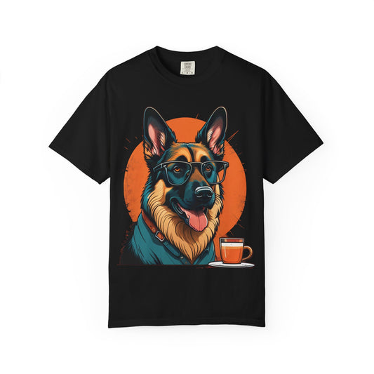German Shepherd Coffee T-Shirt — Cool Dog Graphic Tee with Sunglasses & Mug