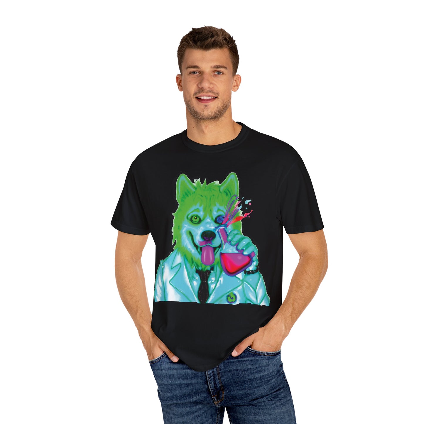 Chemist Wolf Graphic T-Shirt — Green Cartoon Animal Lab Art