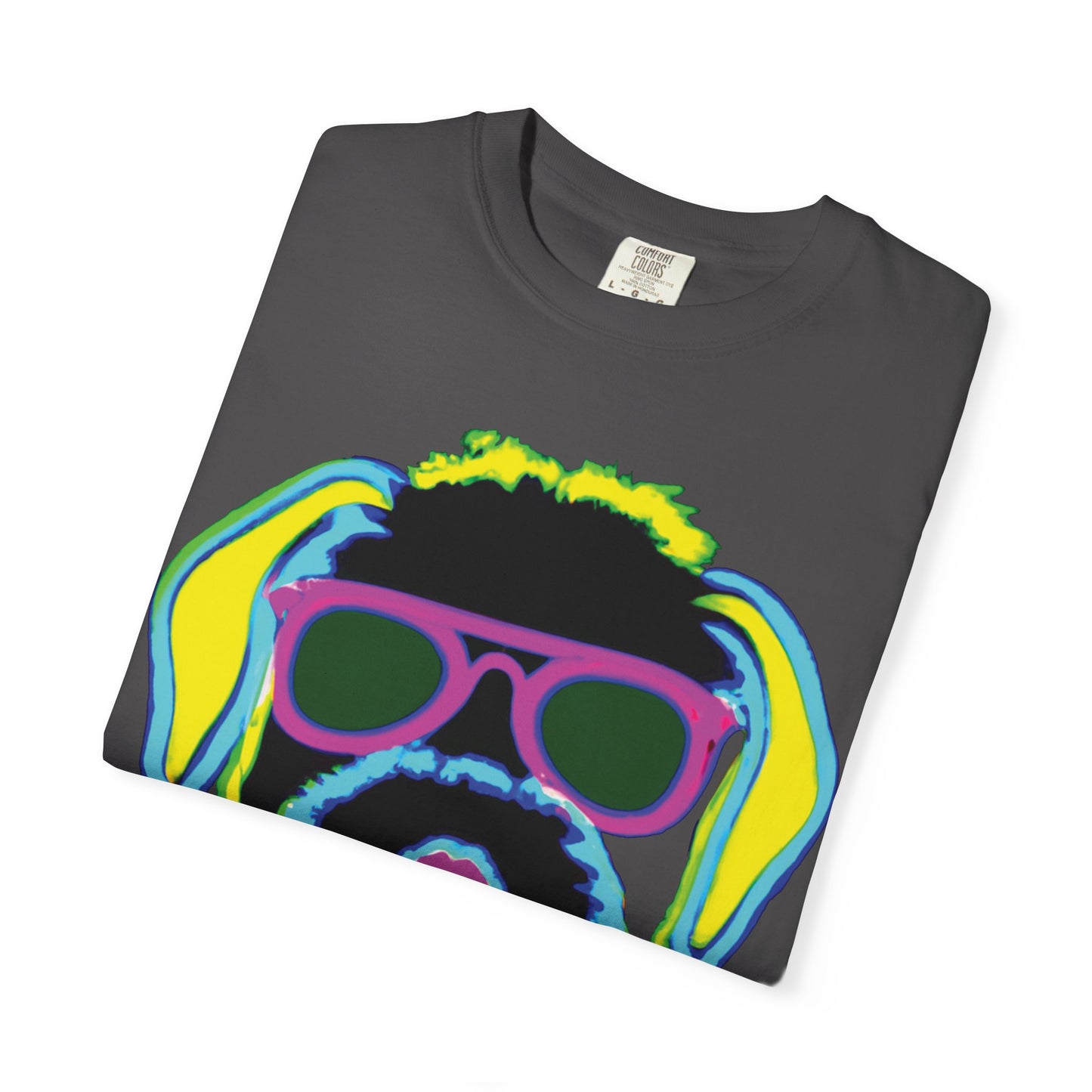 Neon Cool Dog Graphic T-Shirt — Sunglasses Pup Tee with PlurOut Backprint
