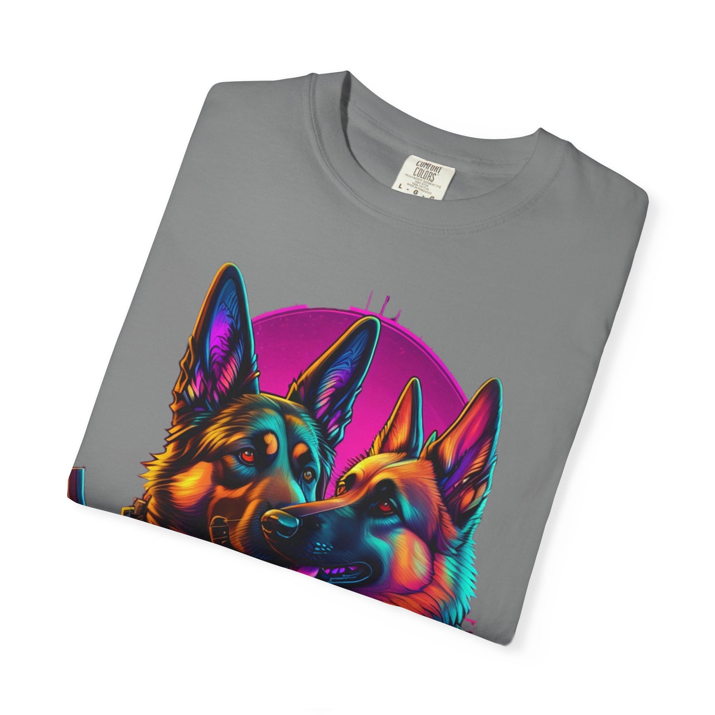 German Shepherd Duo T‑Shirt — Neon Retro K9 Art