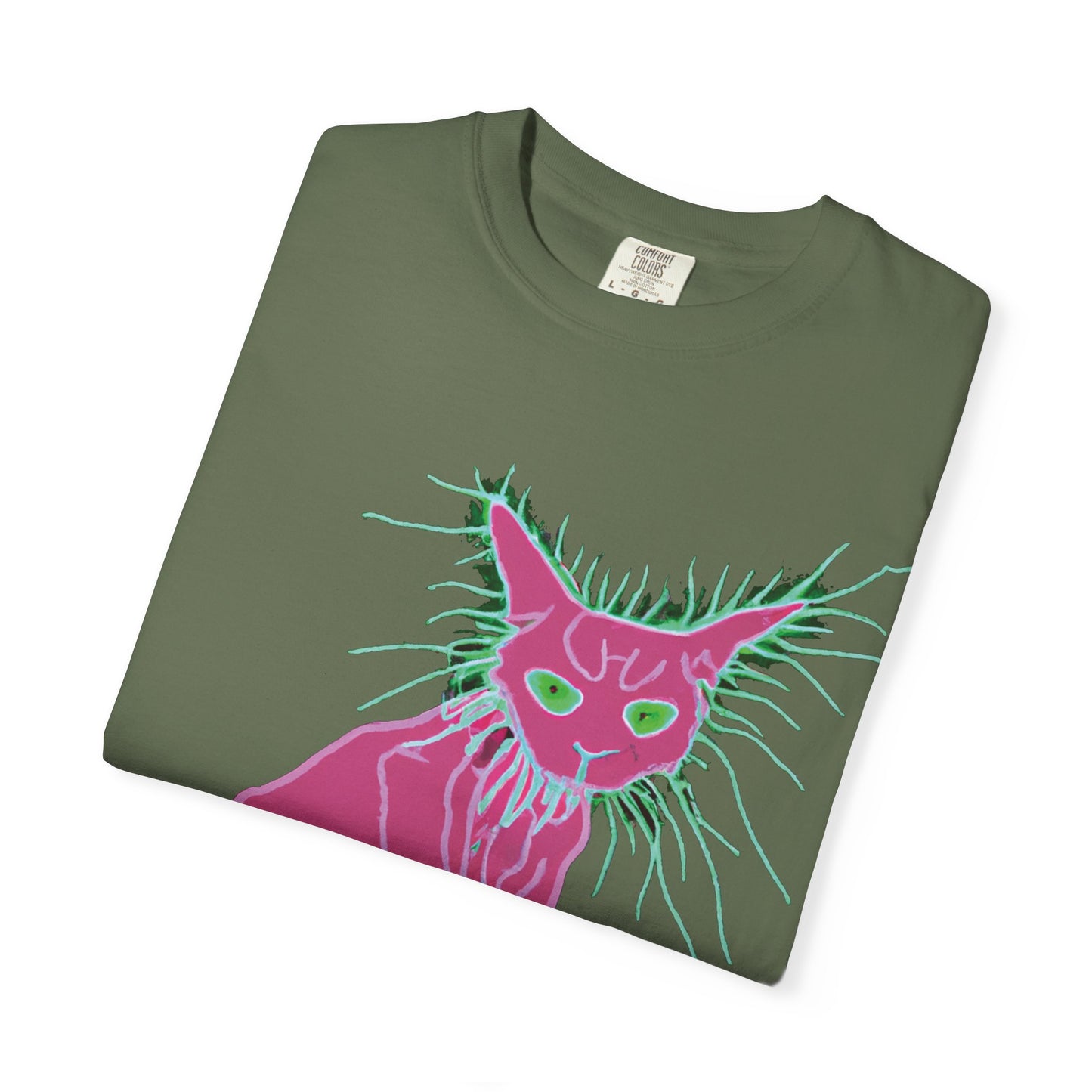 Sphynx Cat Graphic T-Shirt — Neon Pink & Green Punk Cat Design