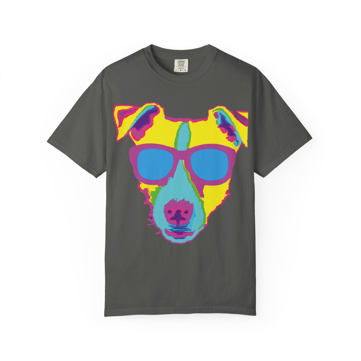 Dog Sunglasses Tee — Colorful Pop Art Dog T-Shirt (PLURout.com Back)