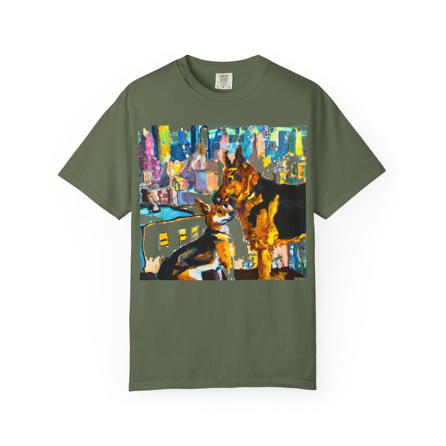 Dog Art T-Shirt — Colorful Urban Canine Print (Back Logo "PLUKOUT.com")