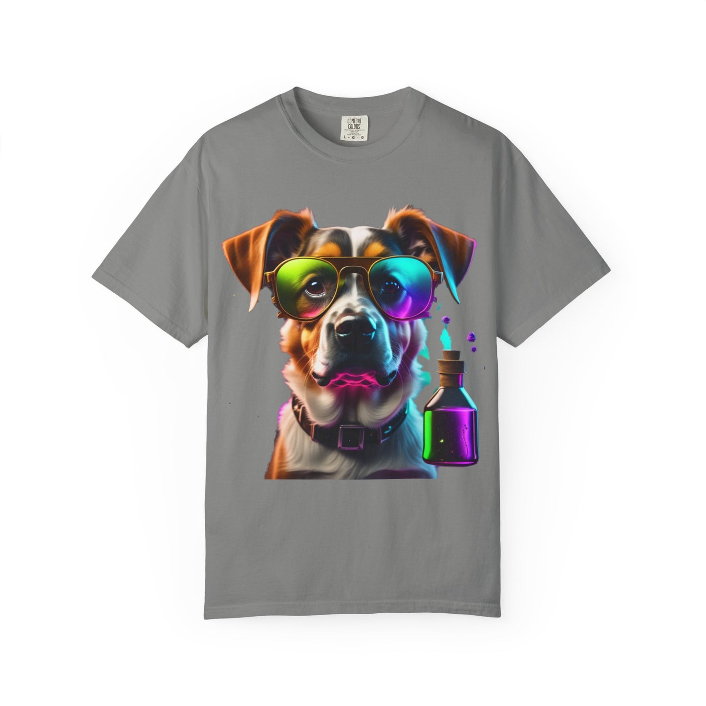 Dog Chemist Graphic T-Shirt — Colorful Lab Pup Design with 'Plurout.com' Backprint