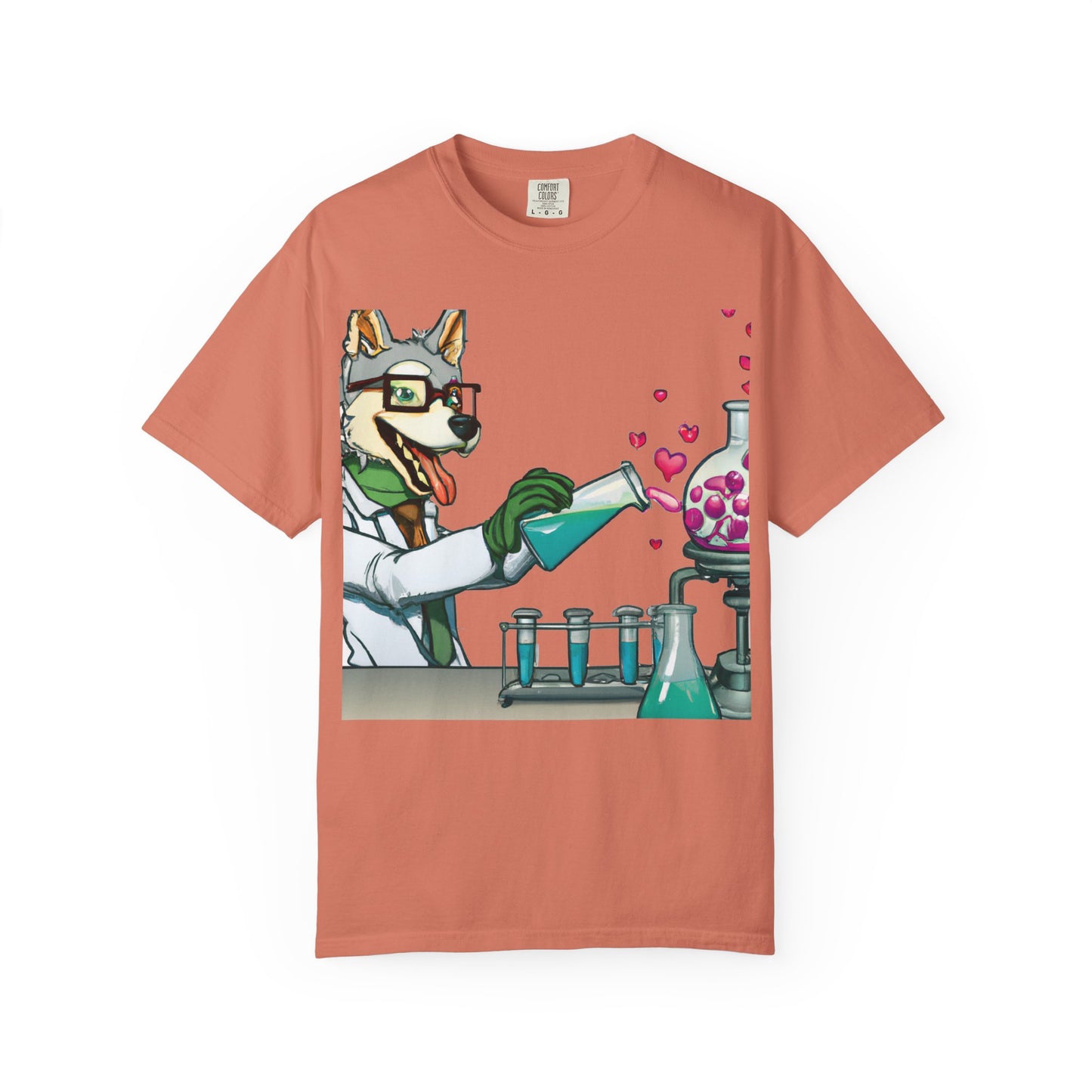 Chemist Dog T-Shirt — Cute Lab Scientist Pouring Love (Plurout.com Back Print)