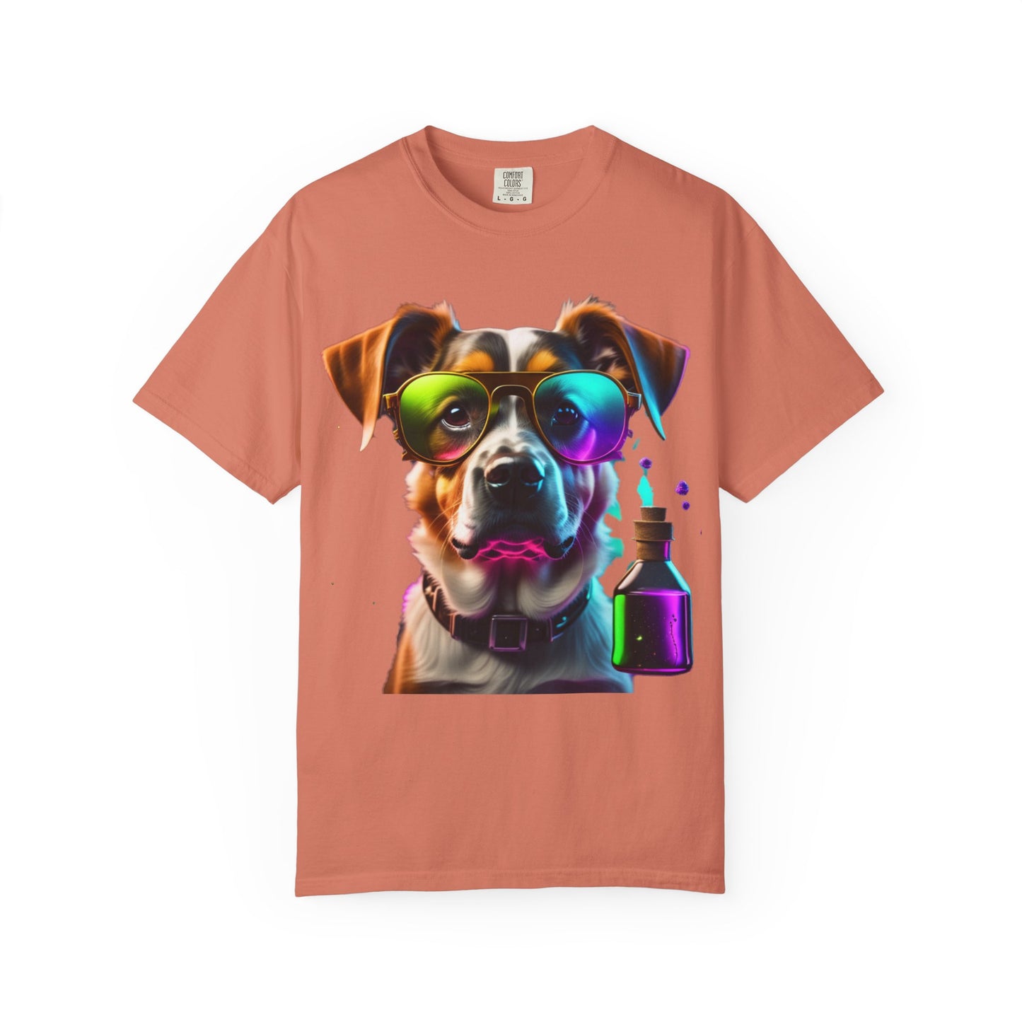 Dog Chemist Graphic T-Shirt — Colorful Lab Pup Design with 'Plurout.com' Backprint