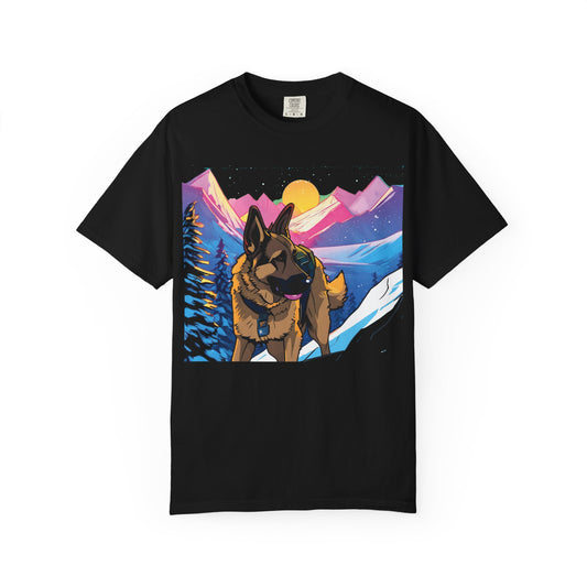 German Shepherd Mountain Sunset T-Shirt — Scenic Dog Graphic Tee