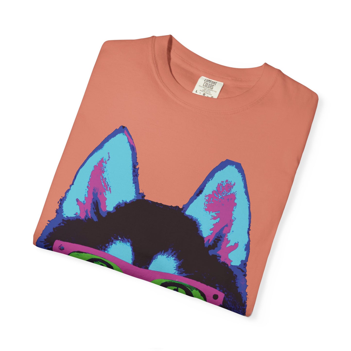 Pop Art Husky T-Shirt — Colorful Dog Face with Sunglasses, Back 'PLURout.com' Graphic