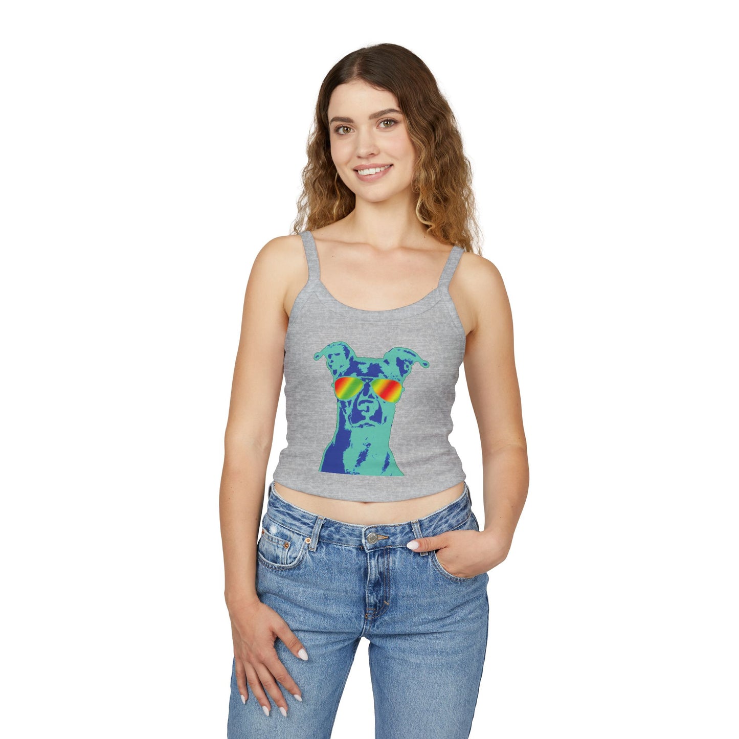 Dog Sunglasses Crop Tank Top — Colorful Summer Pup Graphic