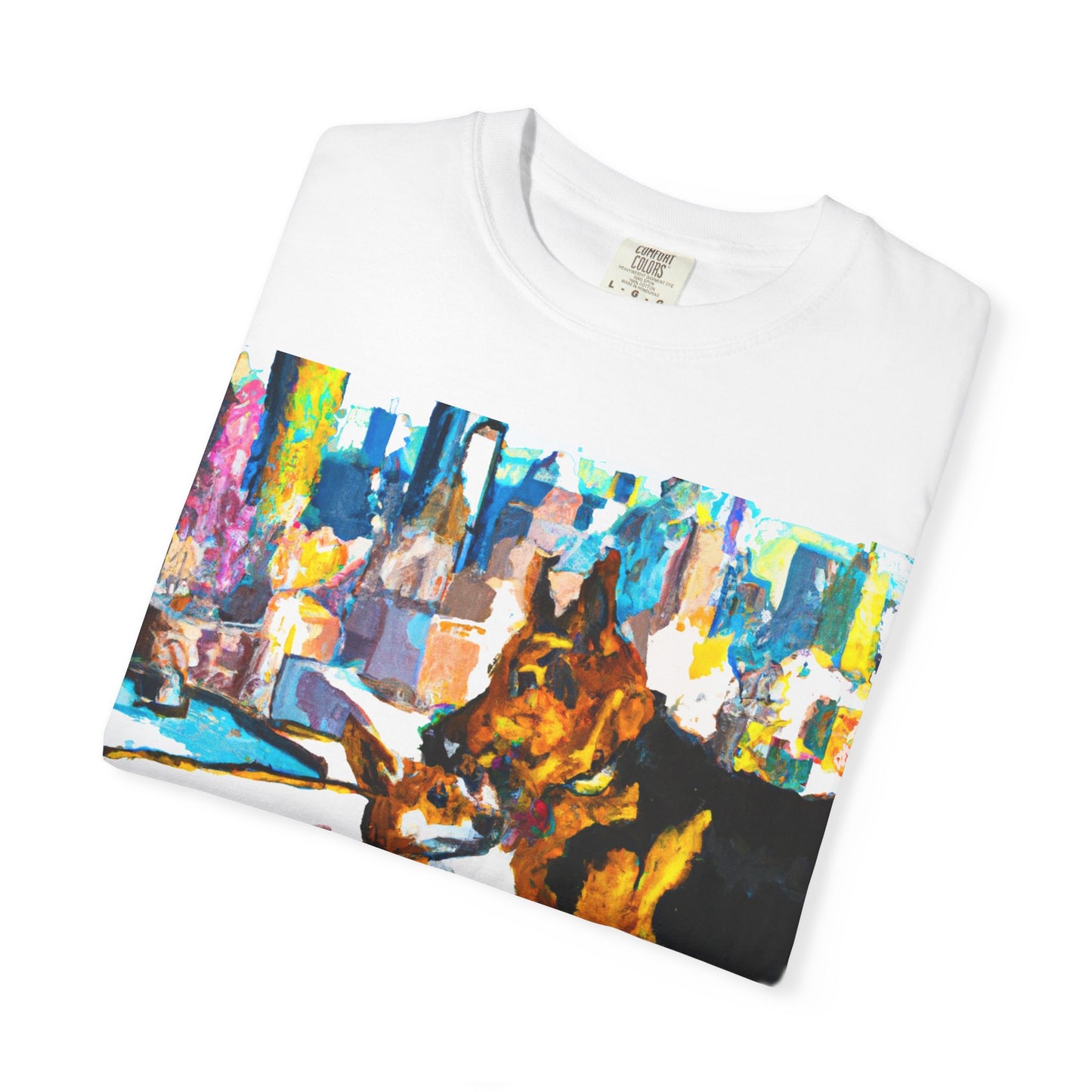 Dog Art T-Shirt — Colorful Urban Canine Print (Back Logo "PLUKOUT.com")