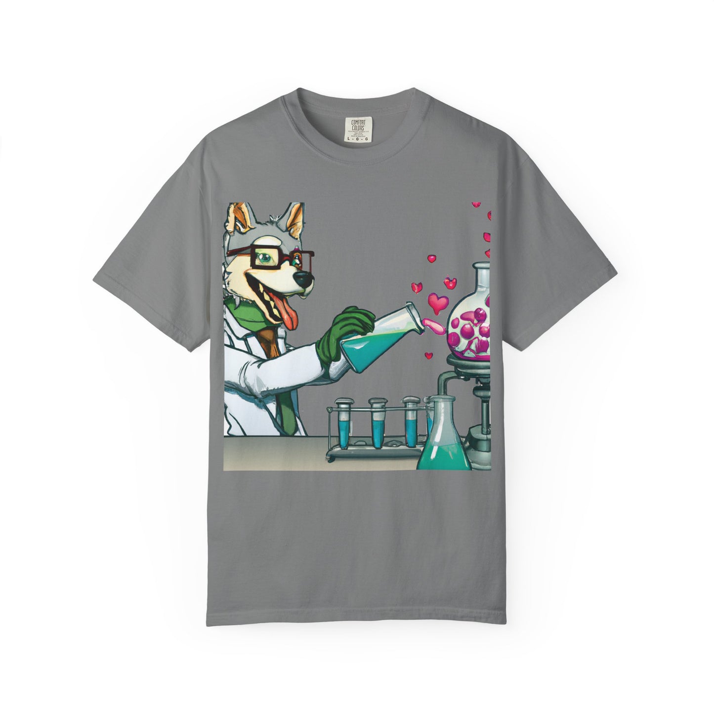 Chemist Dog T-Shirt — Cute Lab Scientist Pouring Love (Plurout.com Back Print)