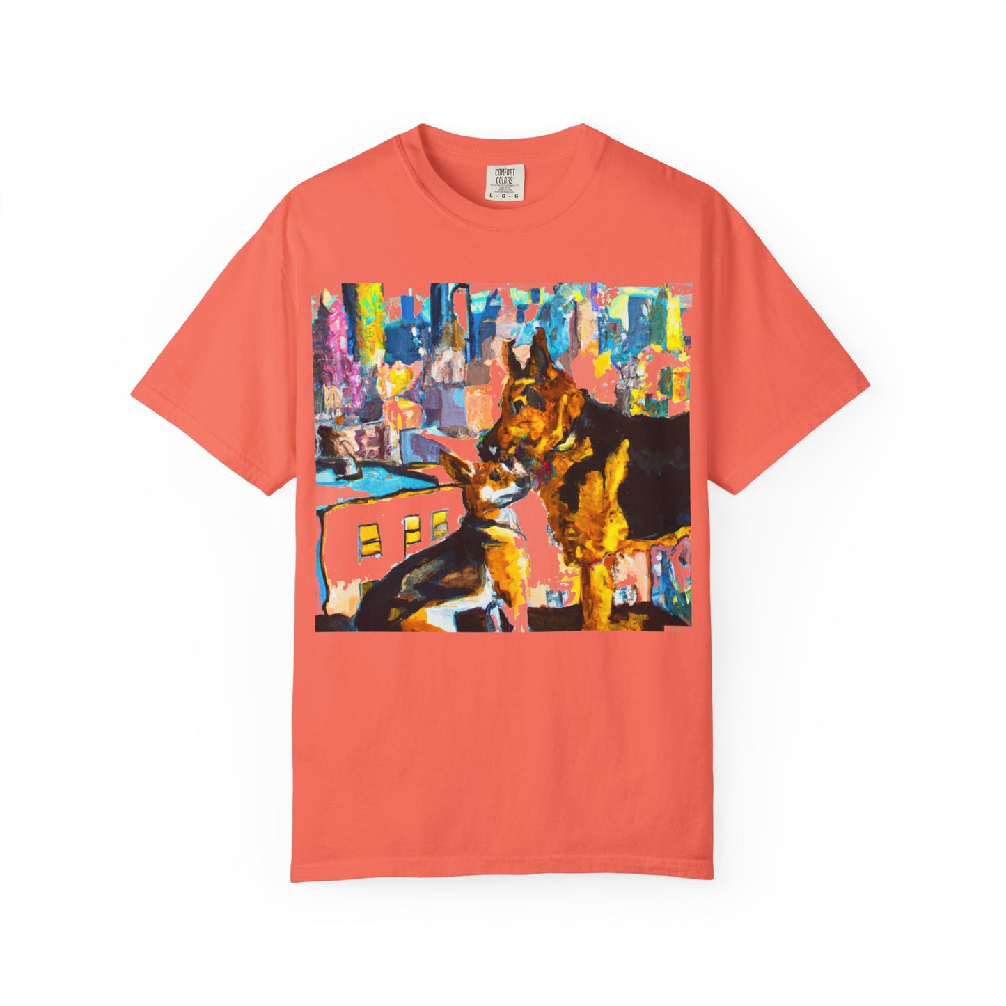 Dog Art T-Shirt — Colorful Urban Canine Print (Back Logo "PLUKOUT.com")